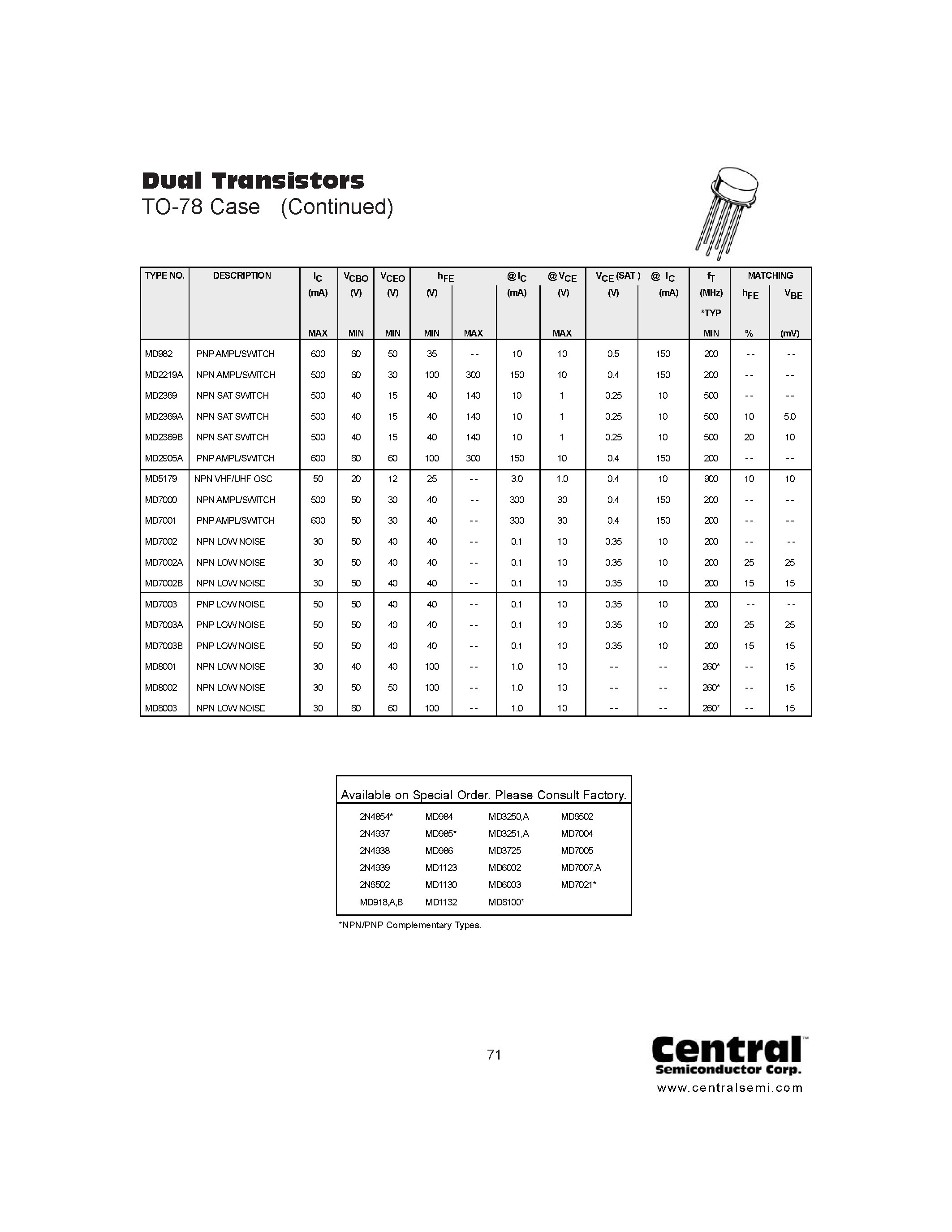 Даташит на микросхему MD7000 страница 1 Даташит MD7000 - Dual Transistors страница 1