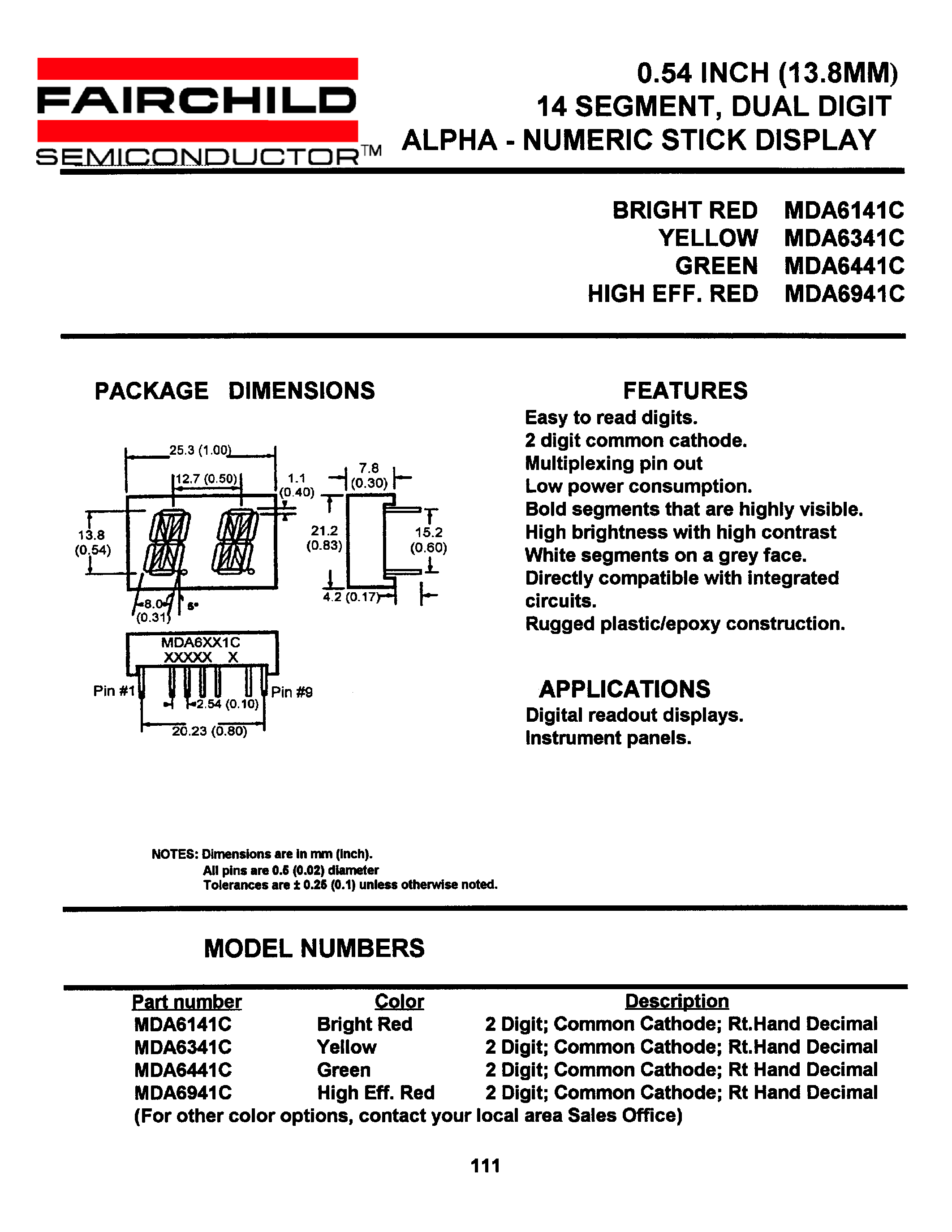 Datasheet MDA6341C - 0.54 INCH (13.8MM) 14 SEGEMENT / DUAL DIGIT ALPHA - NUMERIC STICK DISPLAY page 1