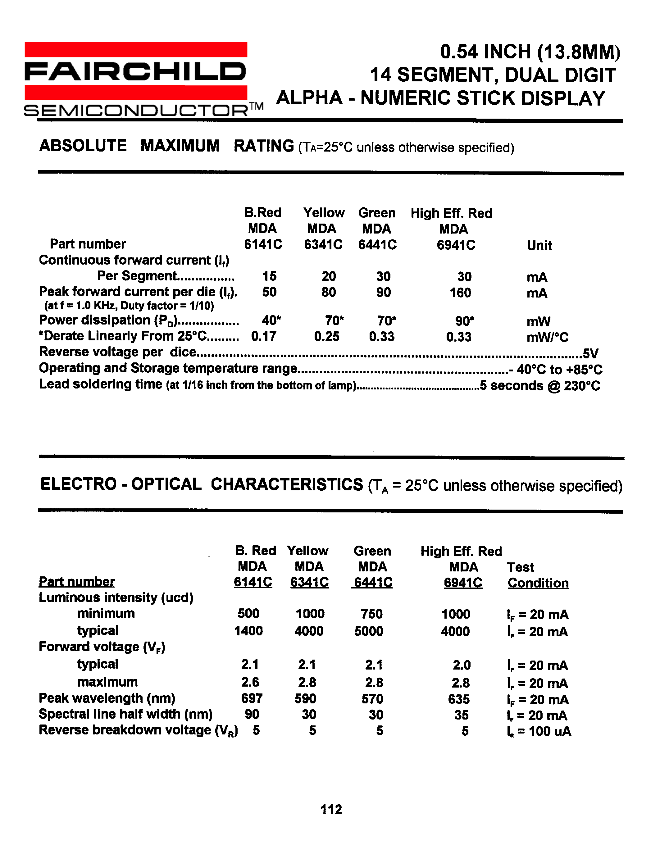 Datasheet MDA6341C - 0.54 INCH (13.8MM) 14 SEGEMENT / DUAL DIGIT ALPHA - NUMERIC STICK DISPLAY page 2