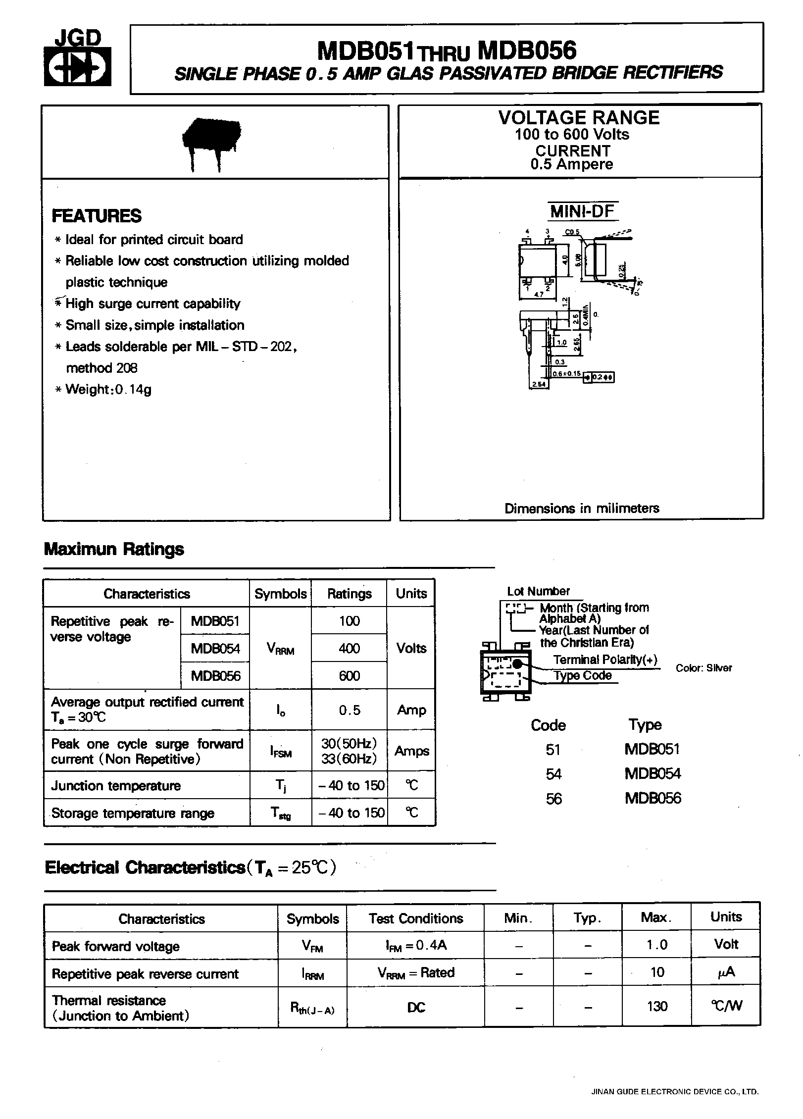 Datasheet MDB051 - SINGLE PHASE 0.5 AMP GLAS PASSIVATED BRIDGE RECTIFIERS page 1