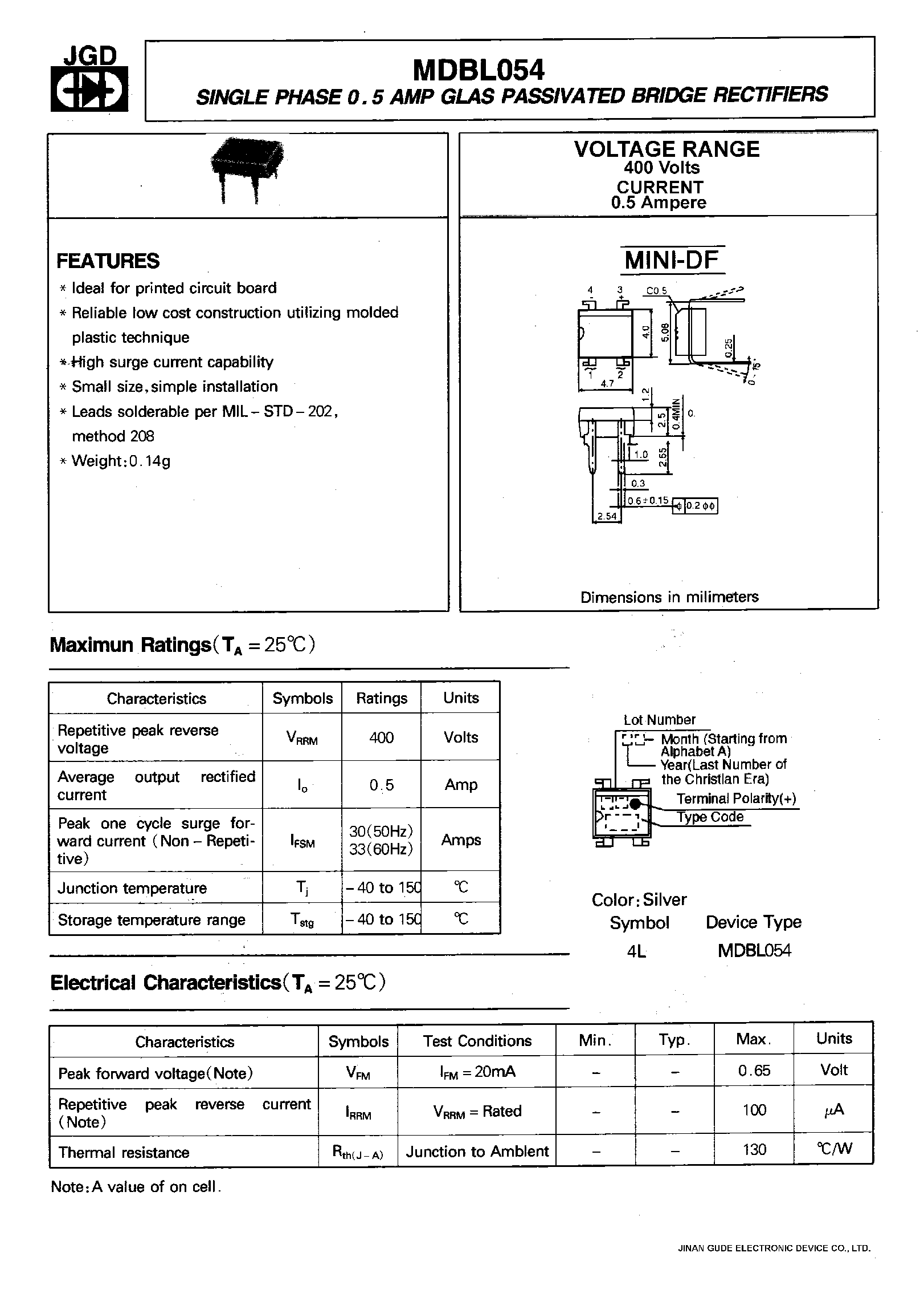 Datasheet MDBL054 - SINGLE PHASE 0.5 AMP GLAS PASSIVATED BRIDGE RECTIFIERS page 1