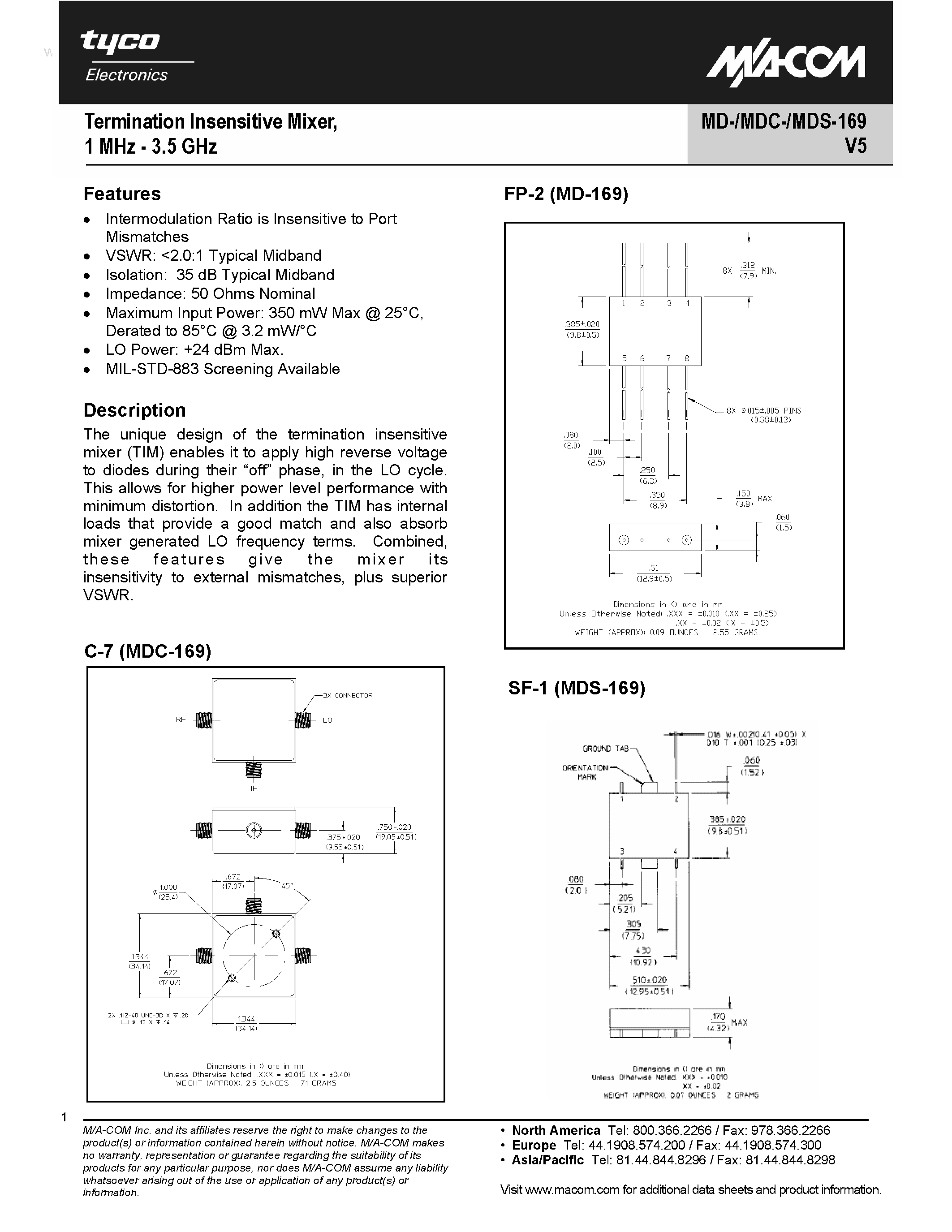 Datasheet MDC-169SMA - Termination Insensitive Mixer / 1 MHz - 3.5 GHz page 1