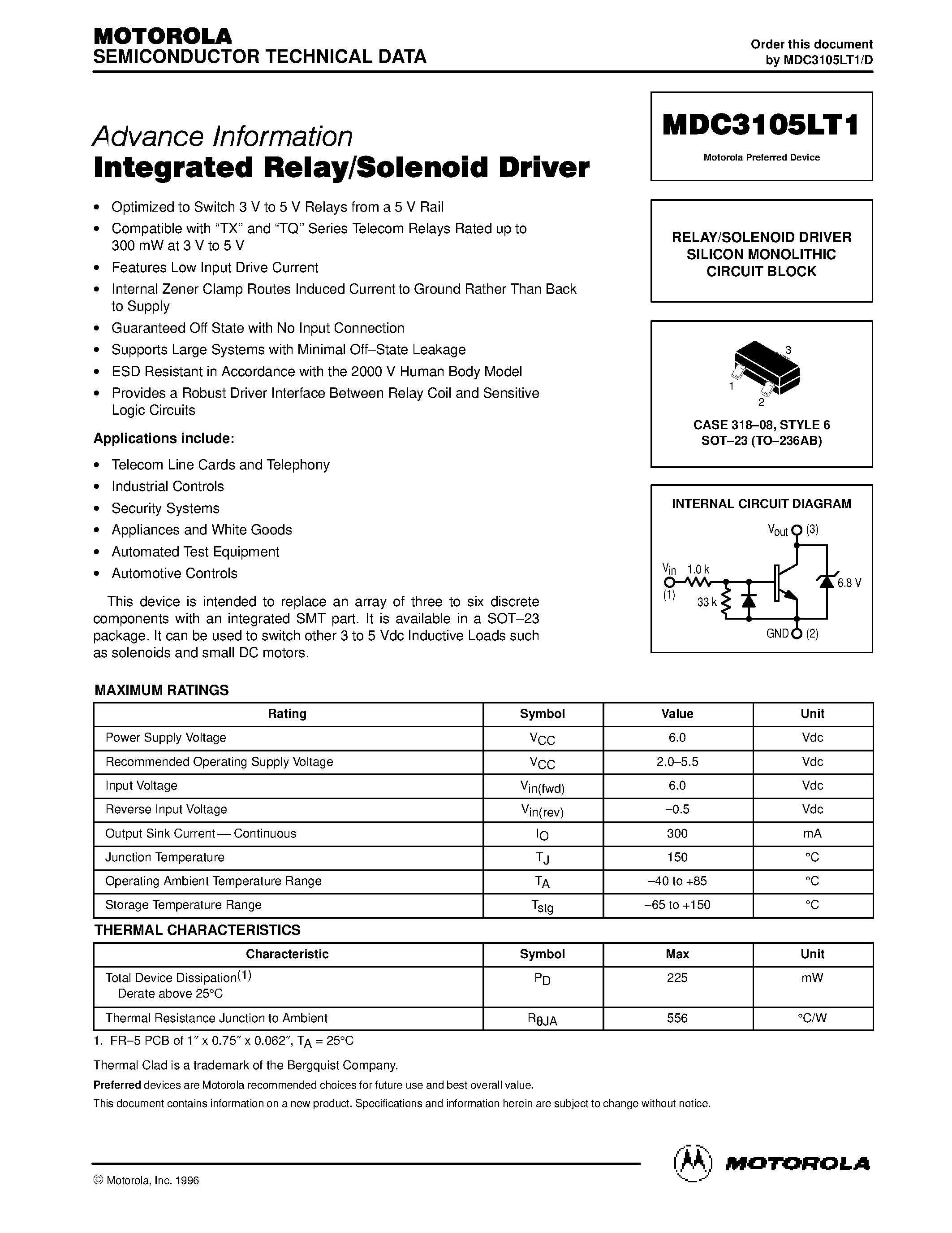 Даташит MDC3105LT1 - RELAY/SOLENOID DRIVER SILICON MONOLITHIC CIRCUIT BLOCK страница 1