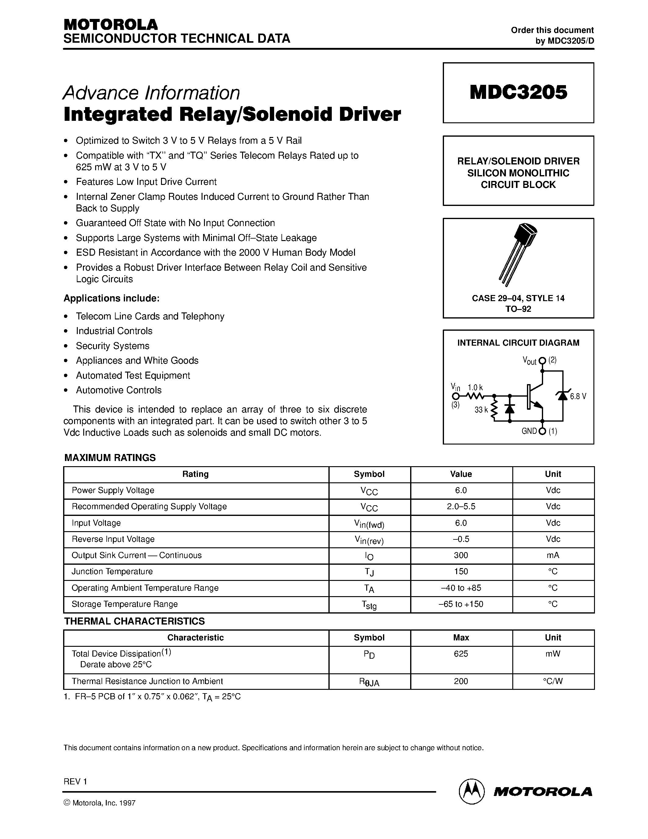 Даташит MDC3205 - RELAY/SOLENOID DRIVER SILICON MONOLITHIC CIRCUIT BLOCK страница 1