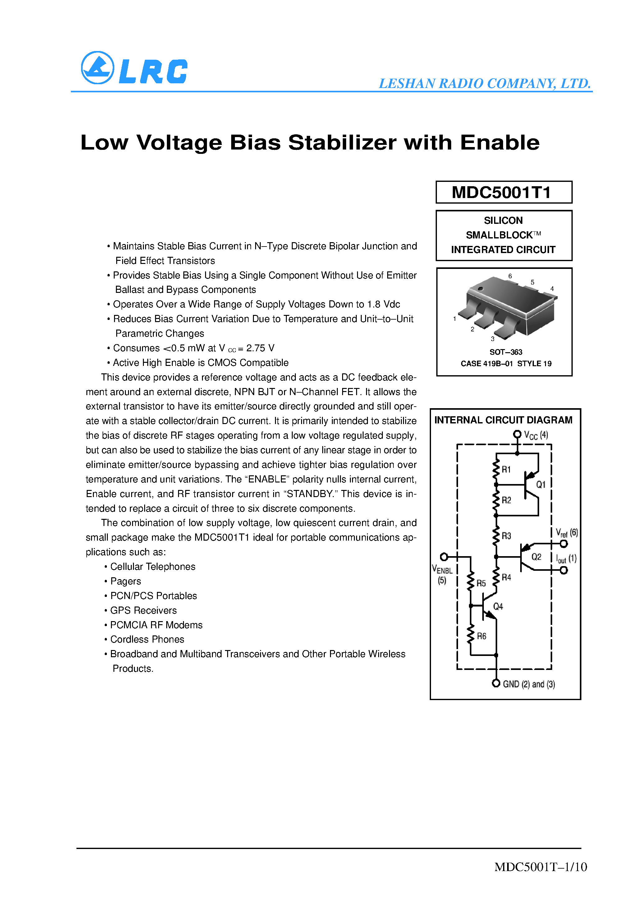 Даташит на микросхему MDC5001T1 страница 1 Даташит MDC5001T1 - Low Voltage Bias Stabilizer with Enable страница 1