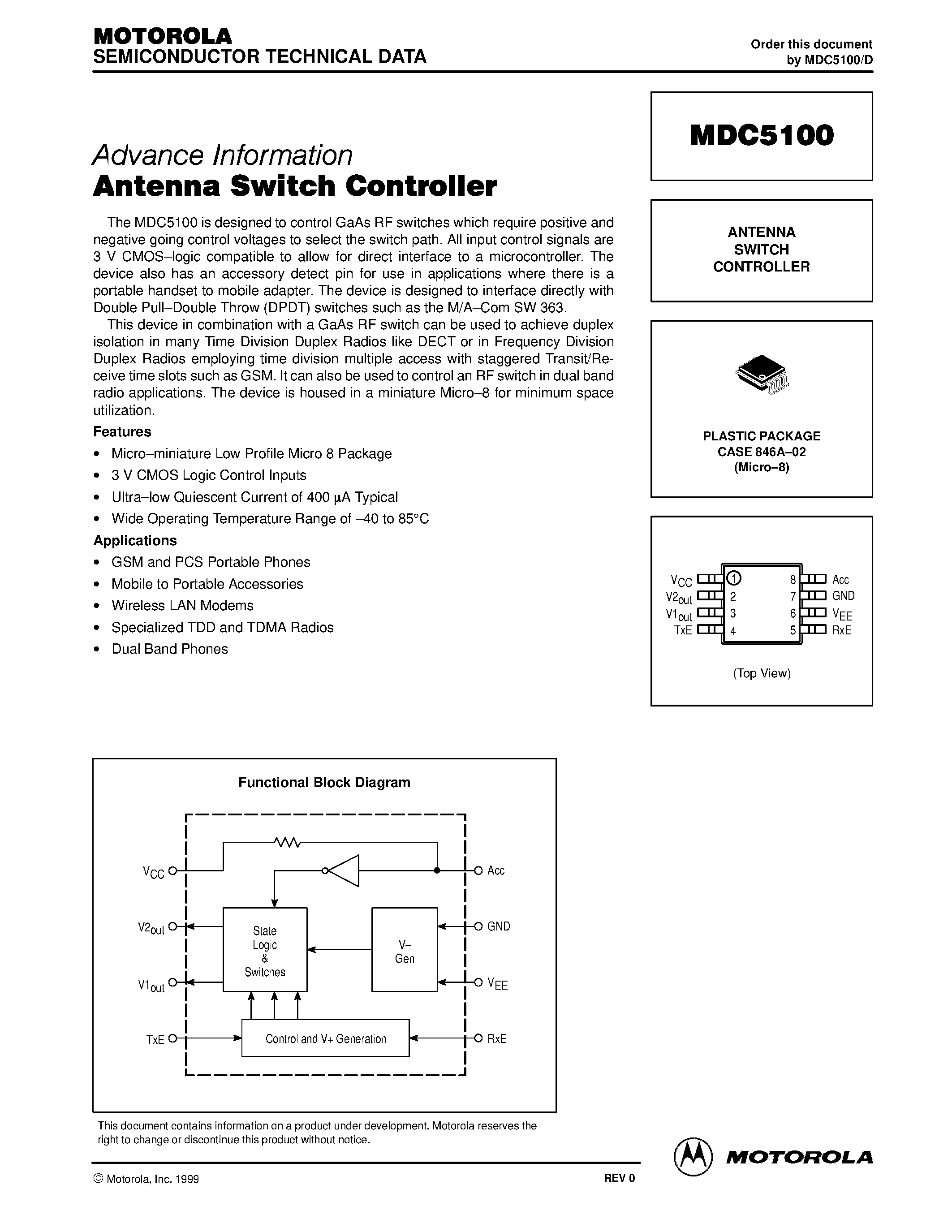 Datasheet MDC5100 page 1 Datasheet MDC5100 - ANTENNA SWITCH CONTROLLER page 1
