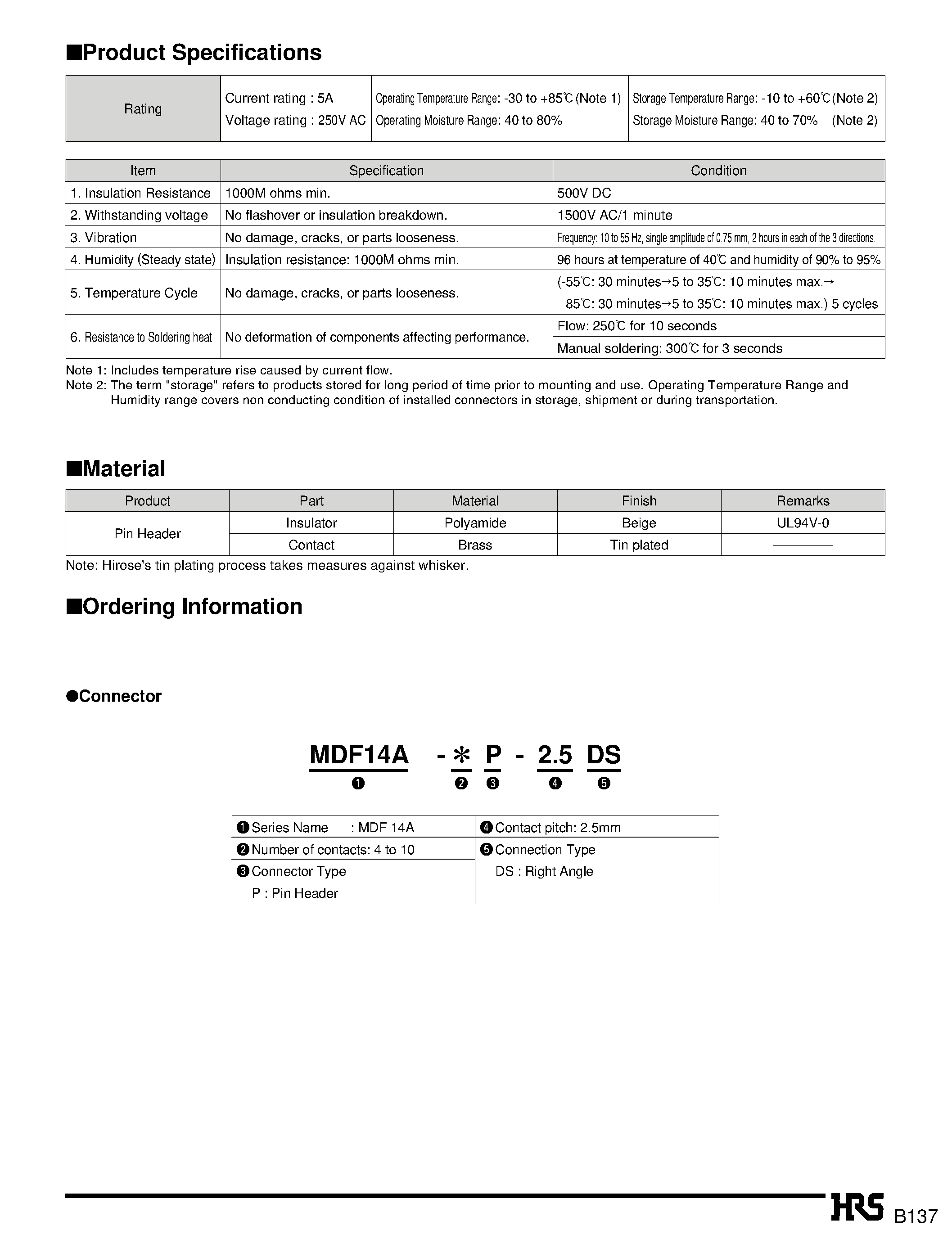 Datasheet MDF14A-5P-2.5DS - 2.5mm Pitch Board to Board Vertical Post Header page 2