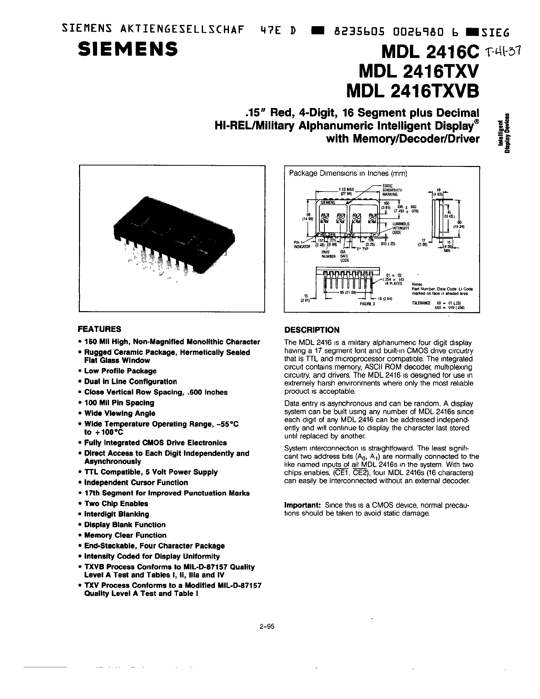 Datasheet MDL2416C - 15 RED / 4-DIGIT / 16 SEGMENT PLUS DECIMAL HI-REL/MILITARY ALPHANUMERIC INTELLIGENT DISPLAY WITH MEMORY/DECODER/DRIVER page 1