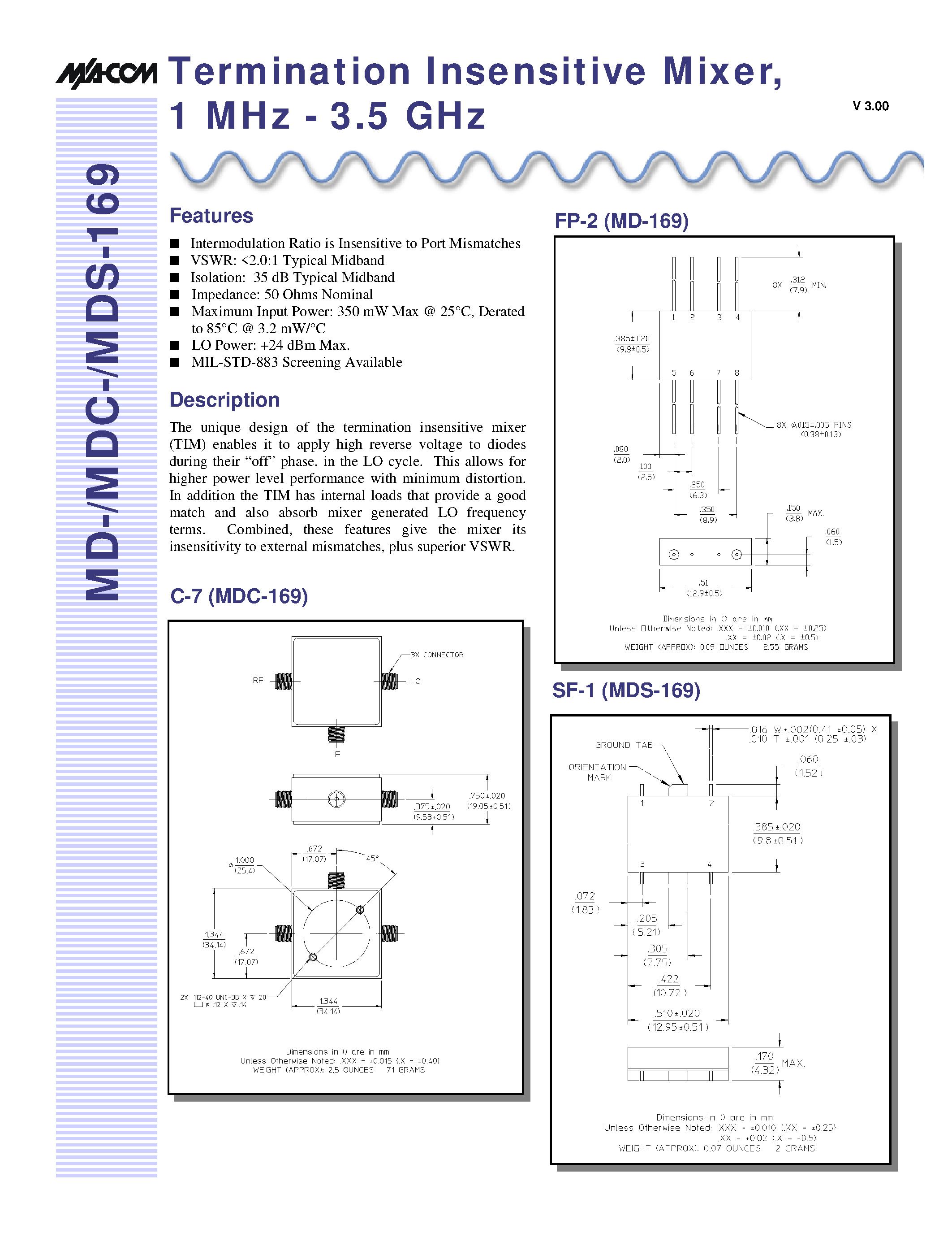 Datasheet MDS-169 - Termination Insensitive Mixer / 1 MHz - 3.5 GHz page 1