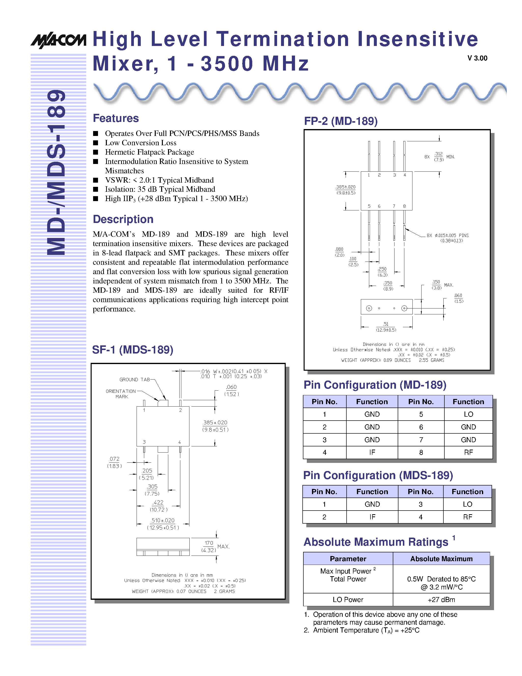 Datasheet MDS-189 - High Level Termination Insensitive Mixer / 1 - 3500 MHz page 1
