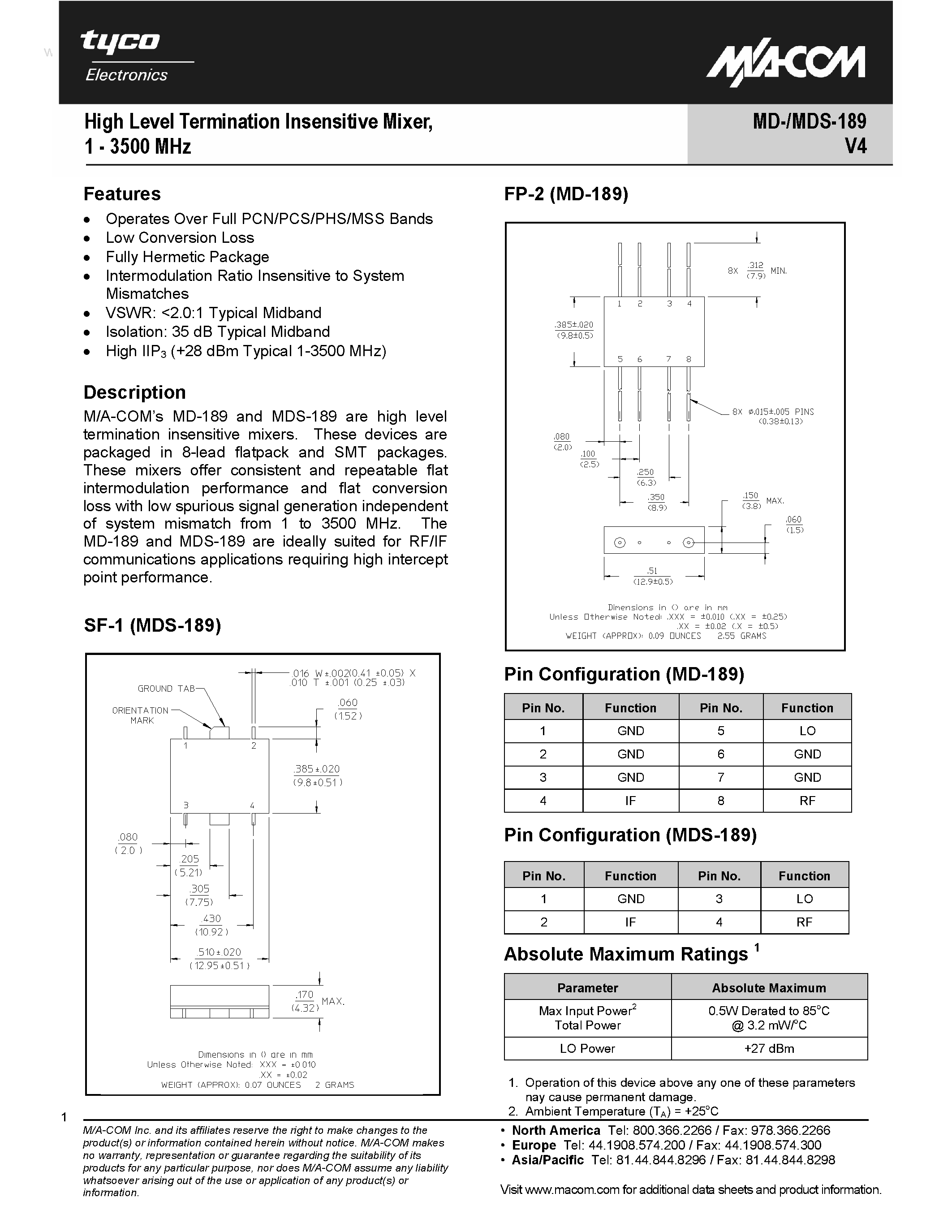 Datasheet MDS-189PIN - High Level Termination Insensitive Mixer / 1 - 3500 MHz page 1