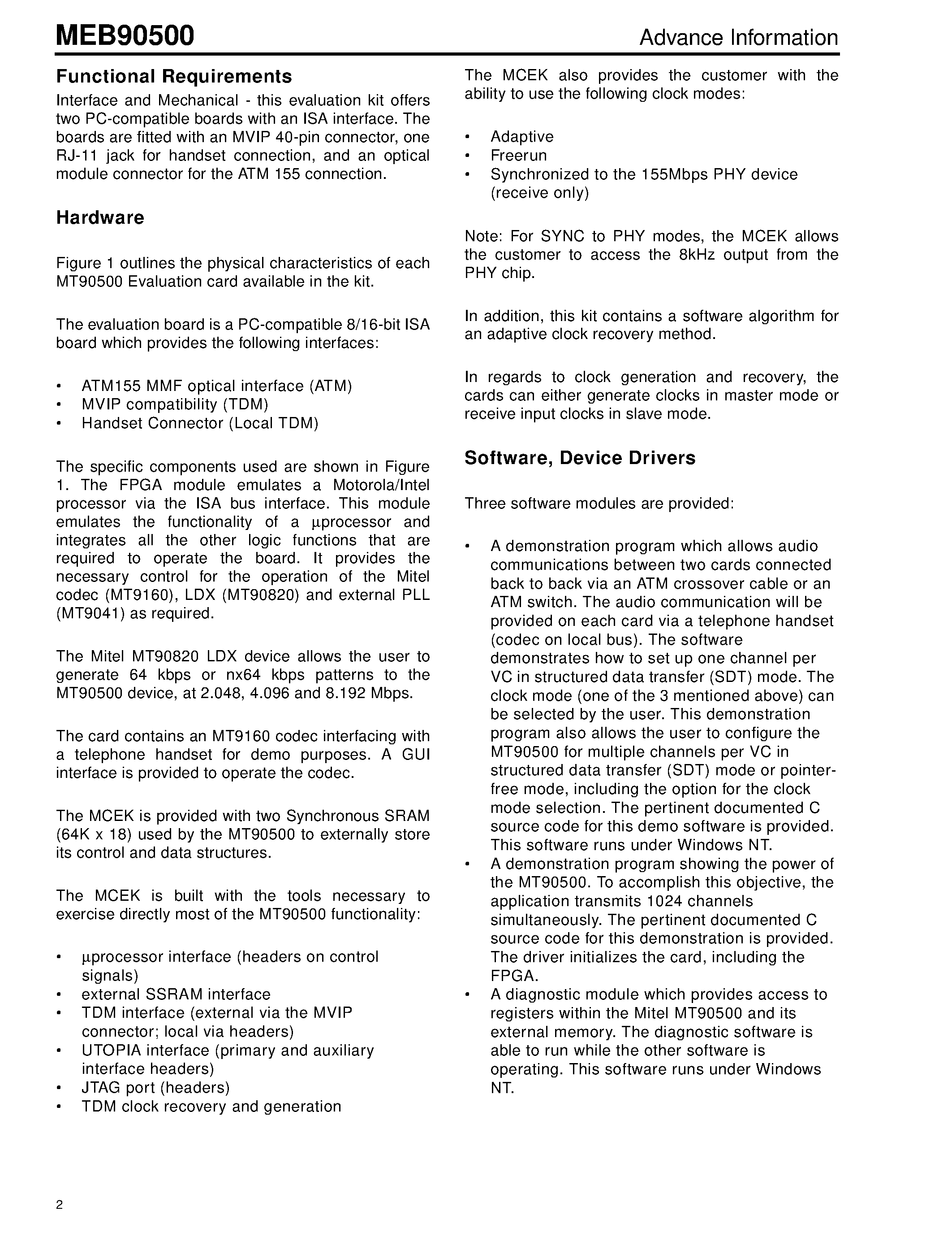 Datasheet MEB90500 page 2 Datasheet MEB90500 - Customer Evaluation Kit Advance Information page 2