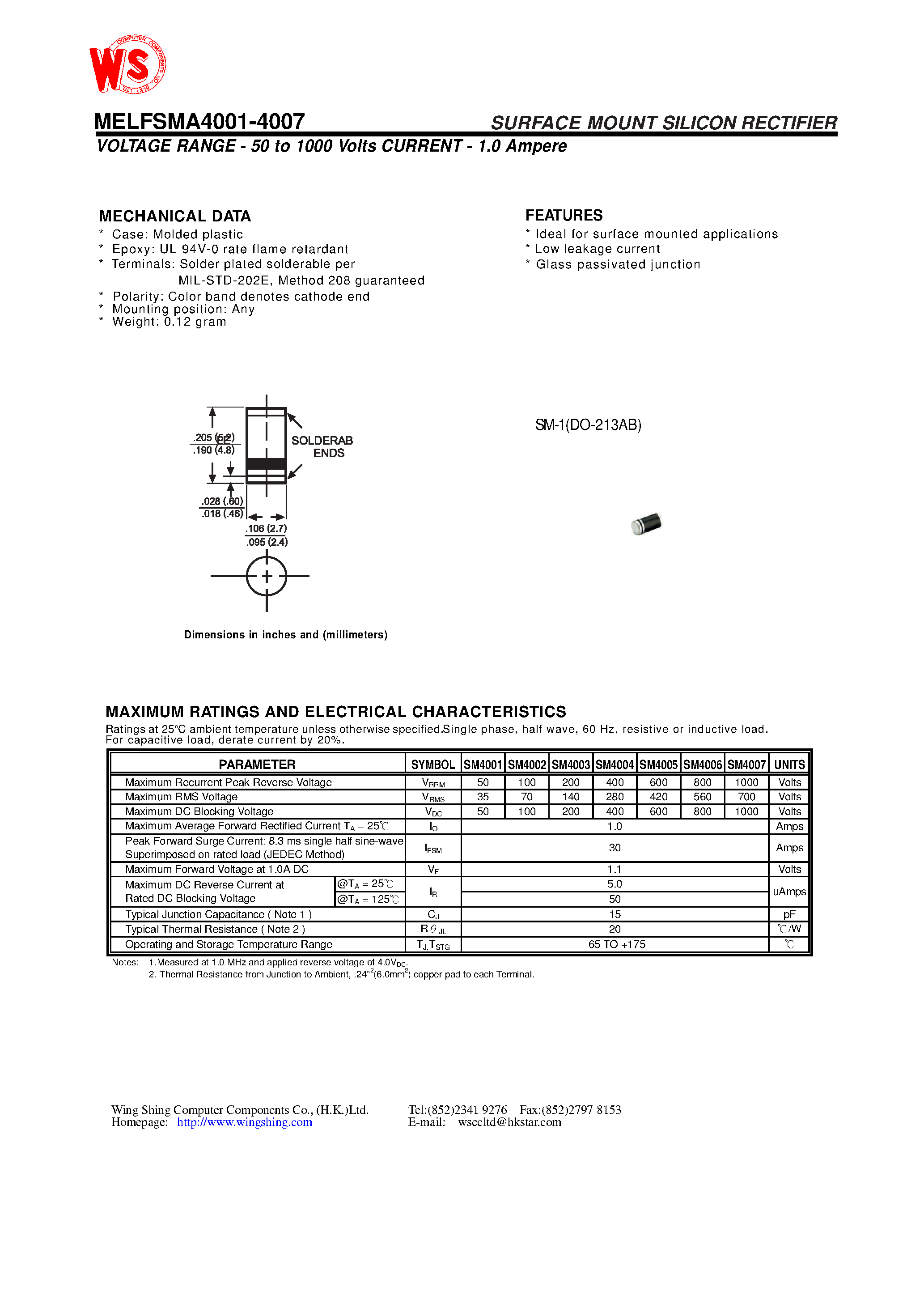 Datasheet MELFSM4006 - SURFACE MOUNT SILICON RECTIFIER(VOLTAGE RANGE - 50 to 1000 Volts CURRENT - 1.0 Ampere) page 1