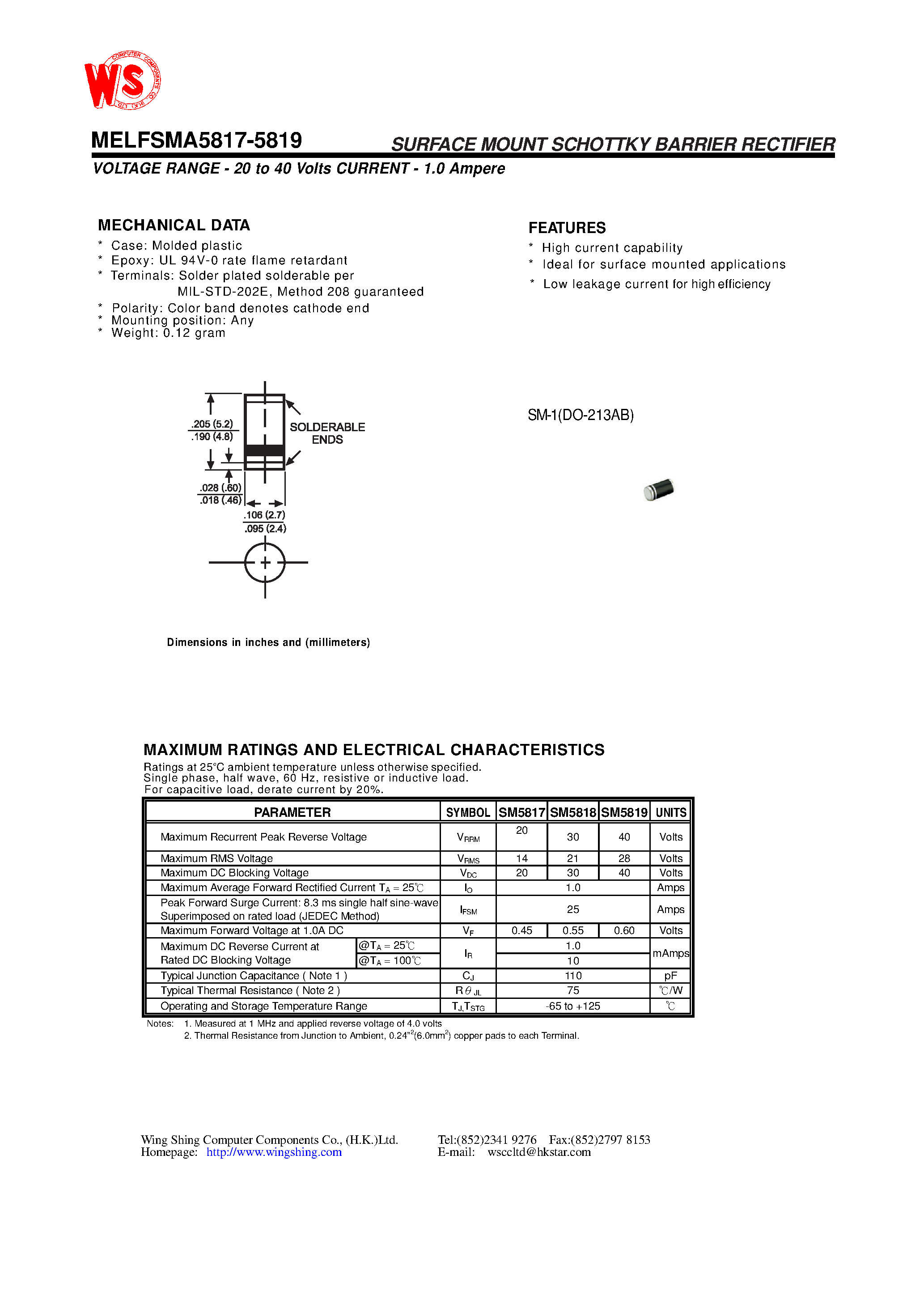Datasheet MELFSM5817 - SURFACE MOUNT SCHOTTKY BARRIER RECTIFIER(VOLTAGE RANGE - 20 to 40 Volts CURRENT - 1.0 Ampere) page 1