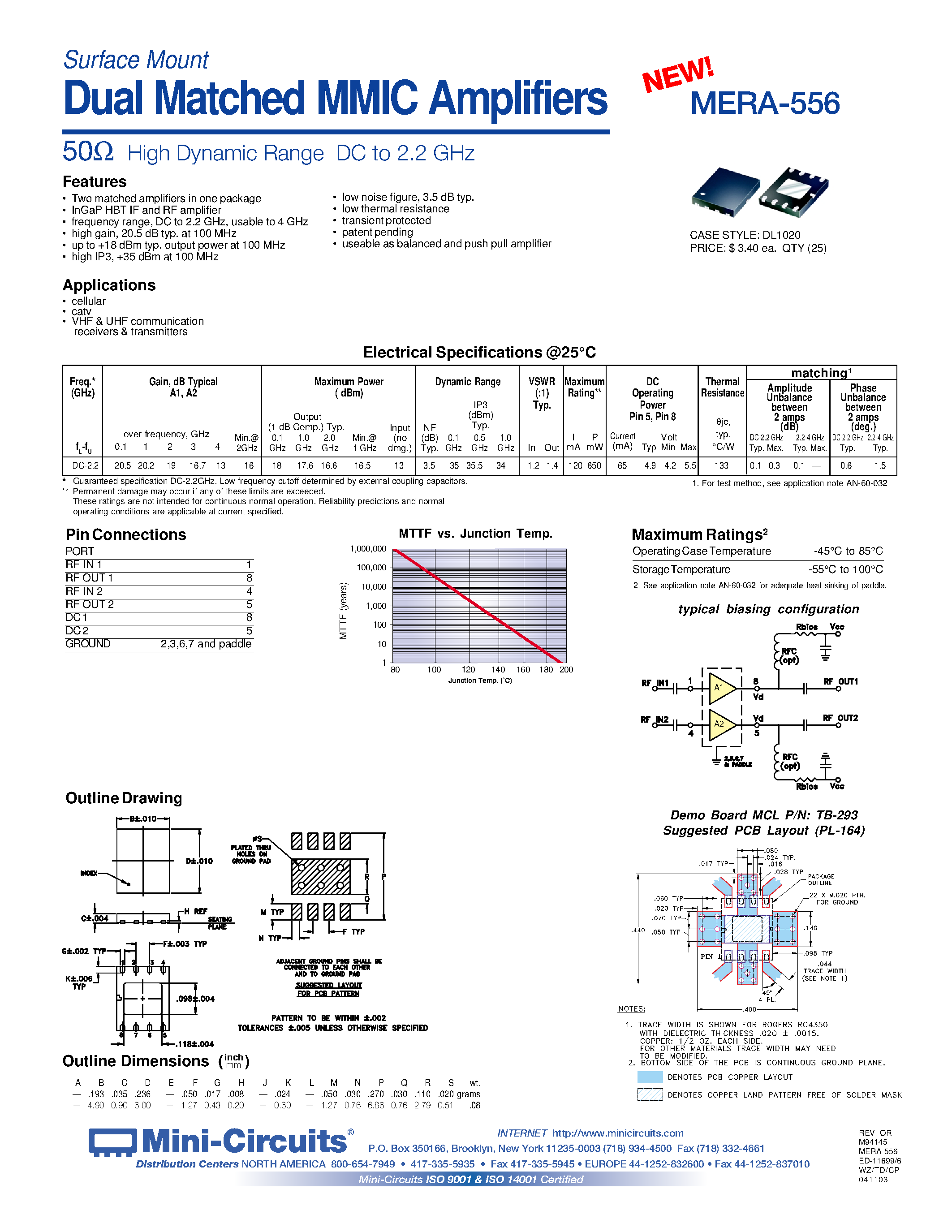 Datasheet MERA-556 page 1 Datasheet MERA-556 - Surface Mount Dual Matched MMIC Amplifiers 50 High Dynamic Range DC to 2.2 GHz page 1