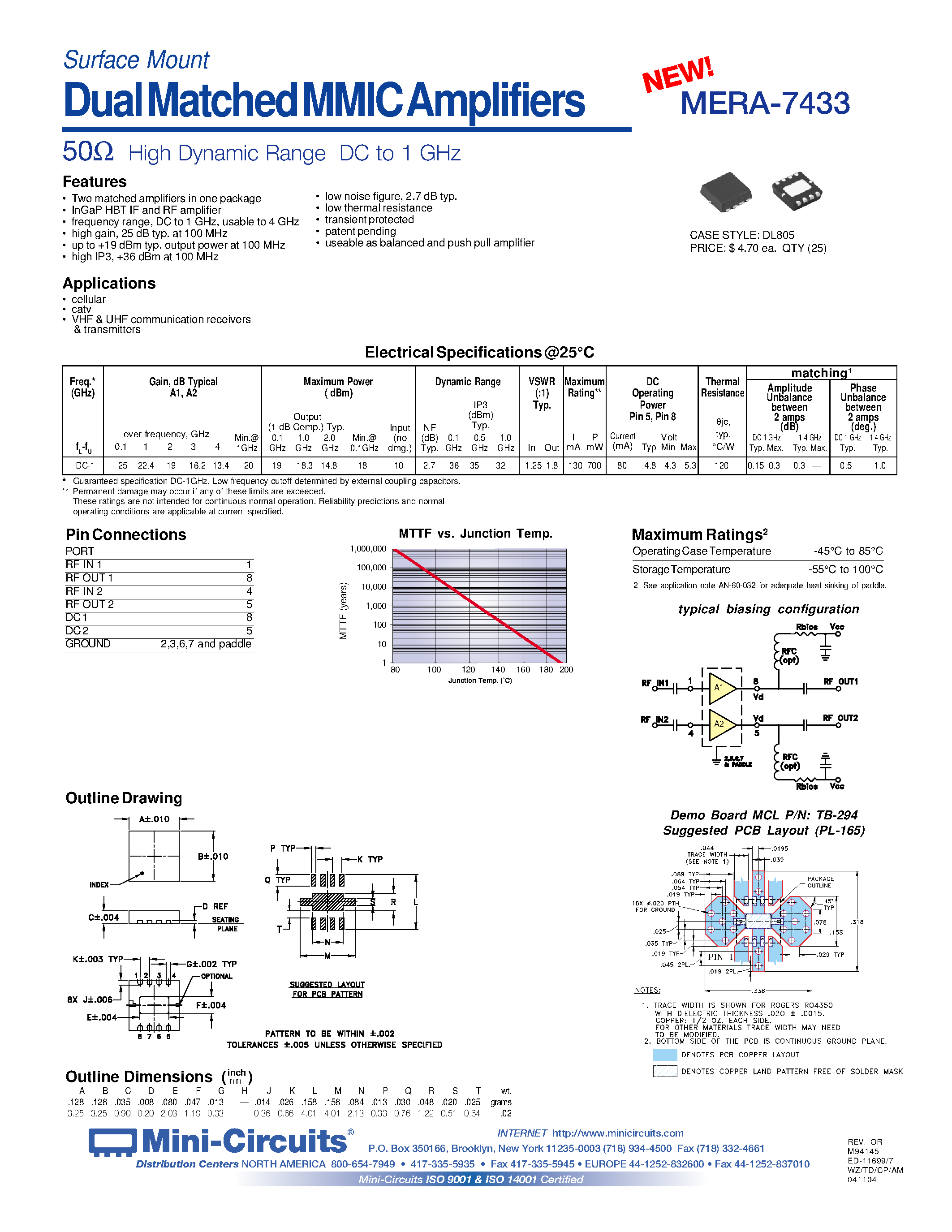 Datasheet MERA-7433 - Surface Mount DualMatchedMMICAmplifiers 50 High Dynamic Range DC to 1 GHz page 1