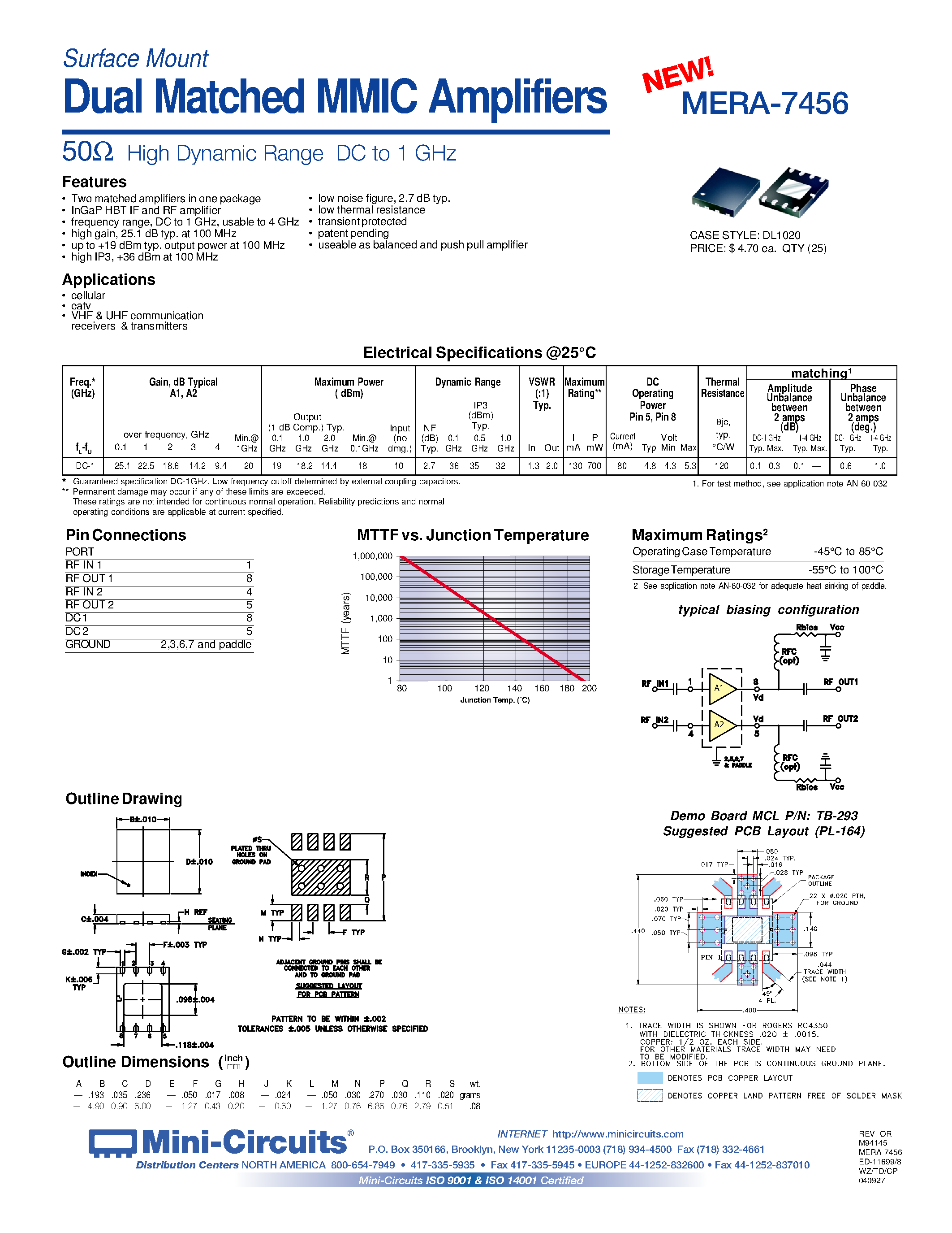 Datasheet MERA-7456 - Surface Mount Dual Matched MMIC Amplifiers 50 High Dynamic Range DC to 1 GHz page 1