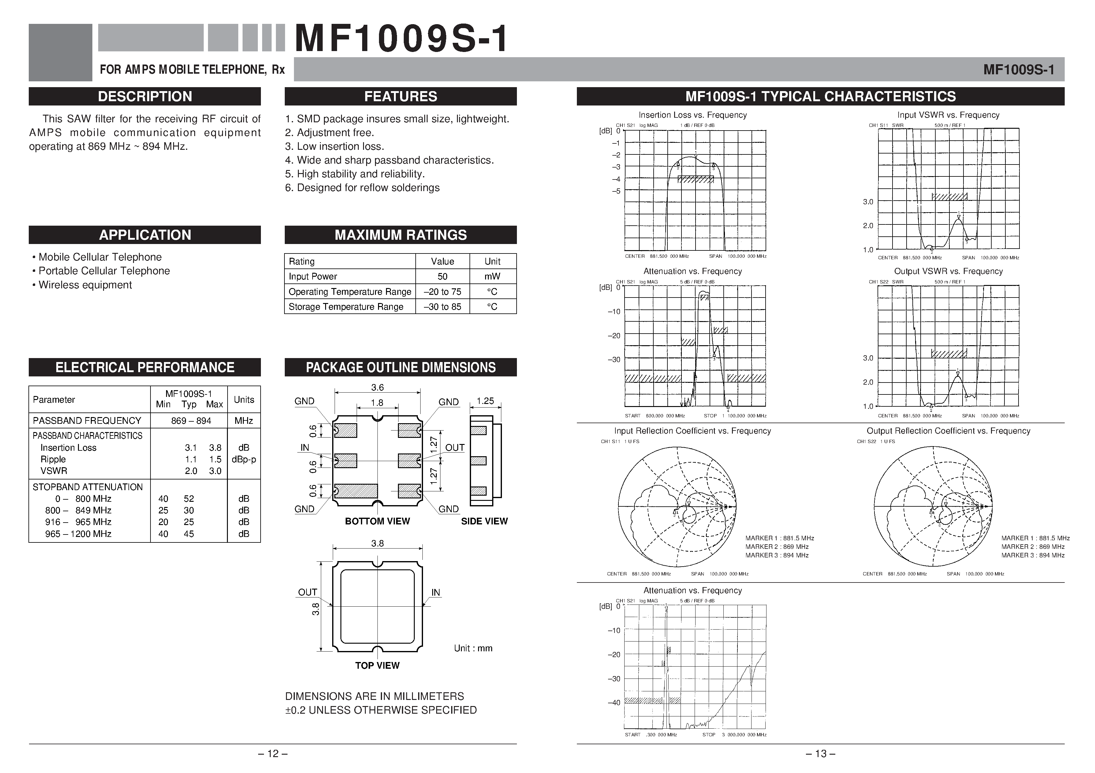 Даташит MF1009S-1 - FOR AMPS MOBILE TELEPHONE / Rx страница 1