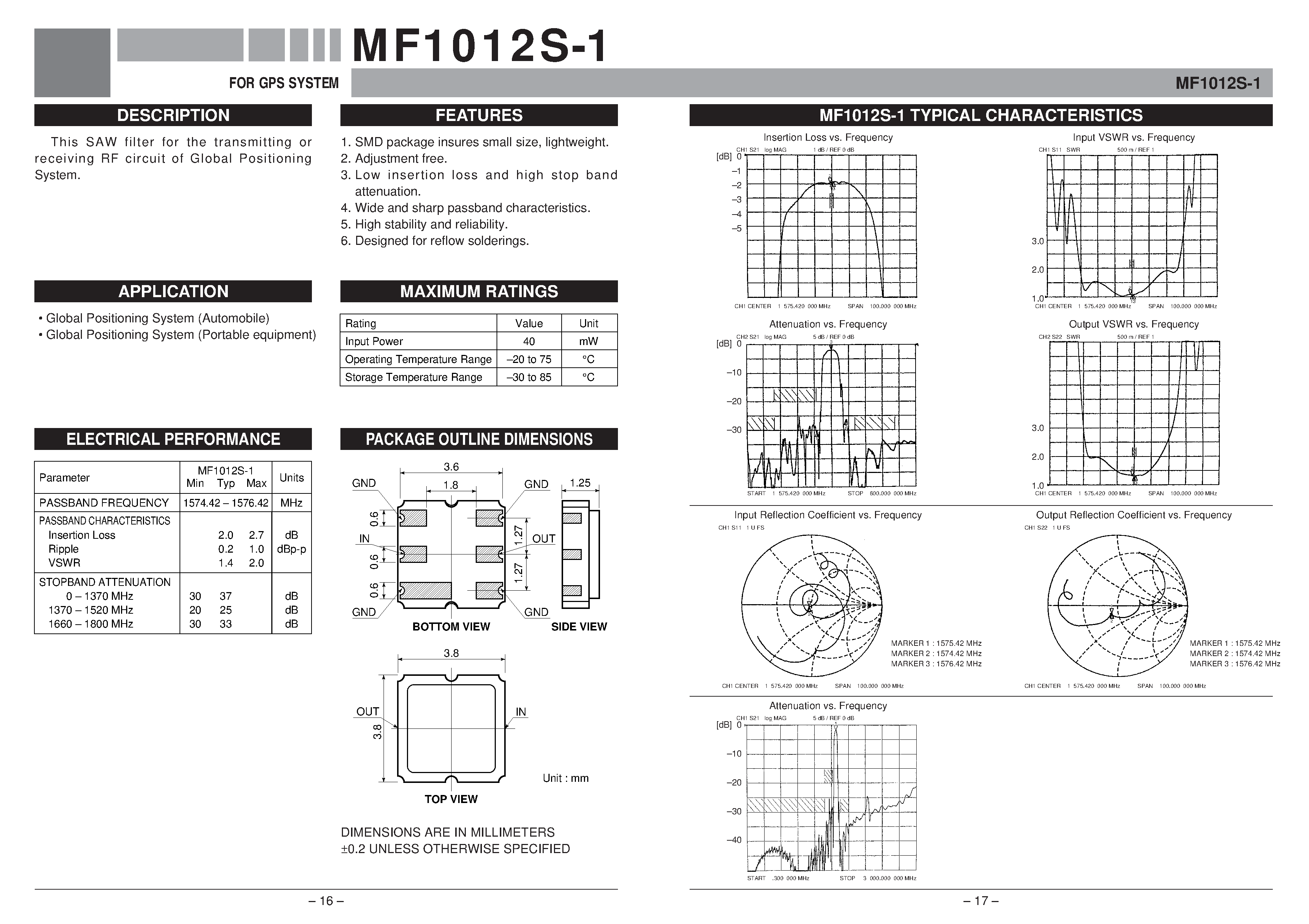 Даташит MF1012S-1 - FOR GPS SYSTEM страница 1