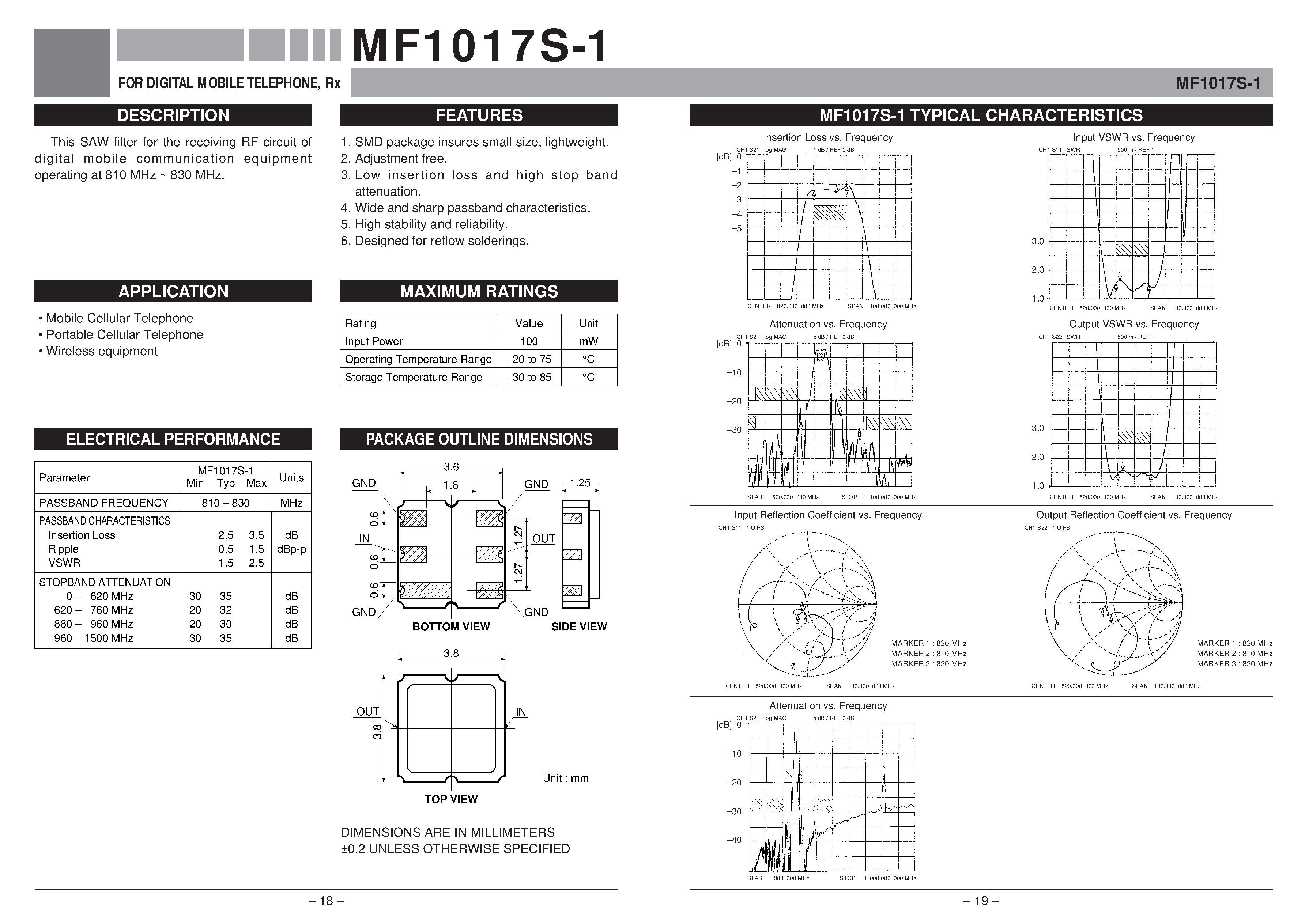 Даташит MF1017S-1 - FOR DIGITAL MOBILE TELEPHONE / Rx страница 1