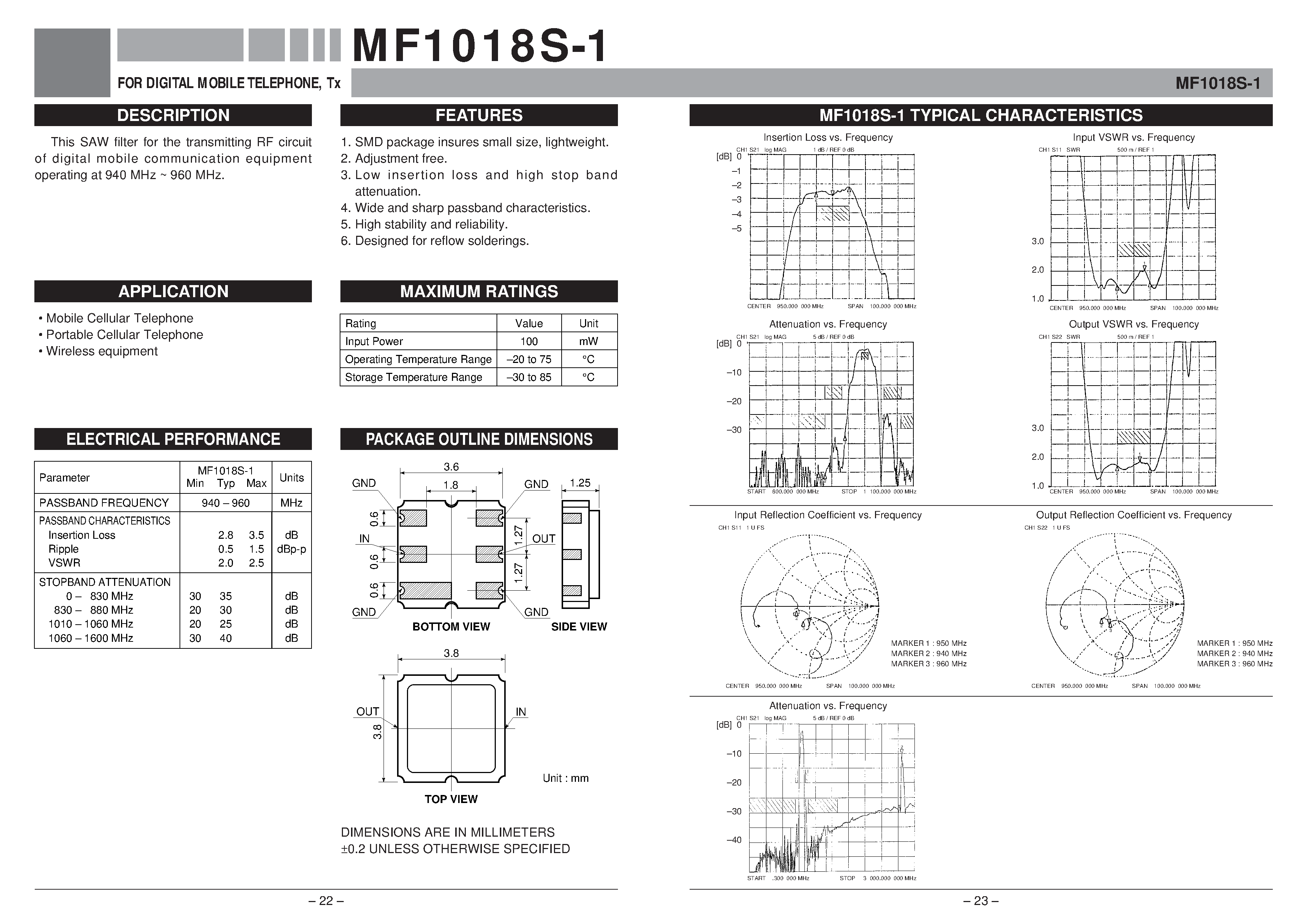Даташит MF1018S-1 - FOR DIGITAL MOBILE TELEPHONE / Tx страница 1
