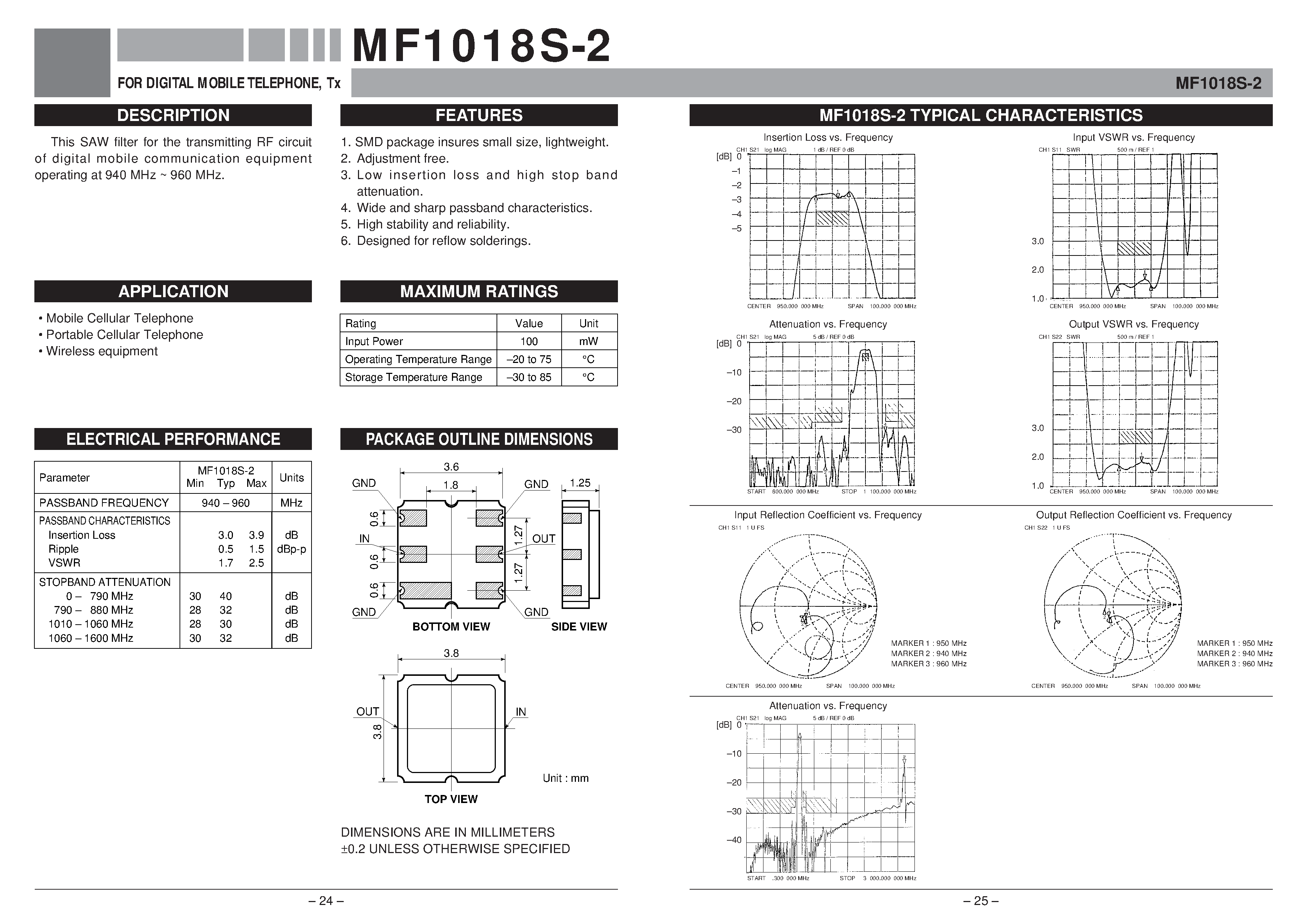 Datasheet MF1018S-2 - FOR DIGITAL MOBILE TELEPHONE / Tx page 1