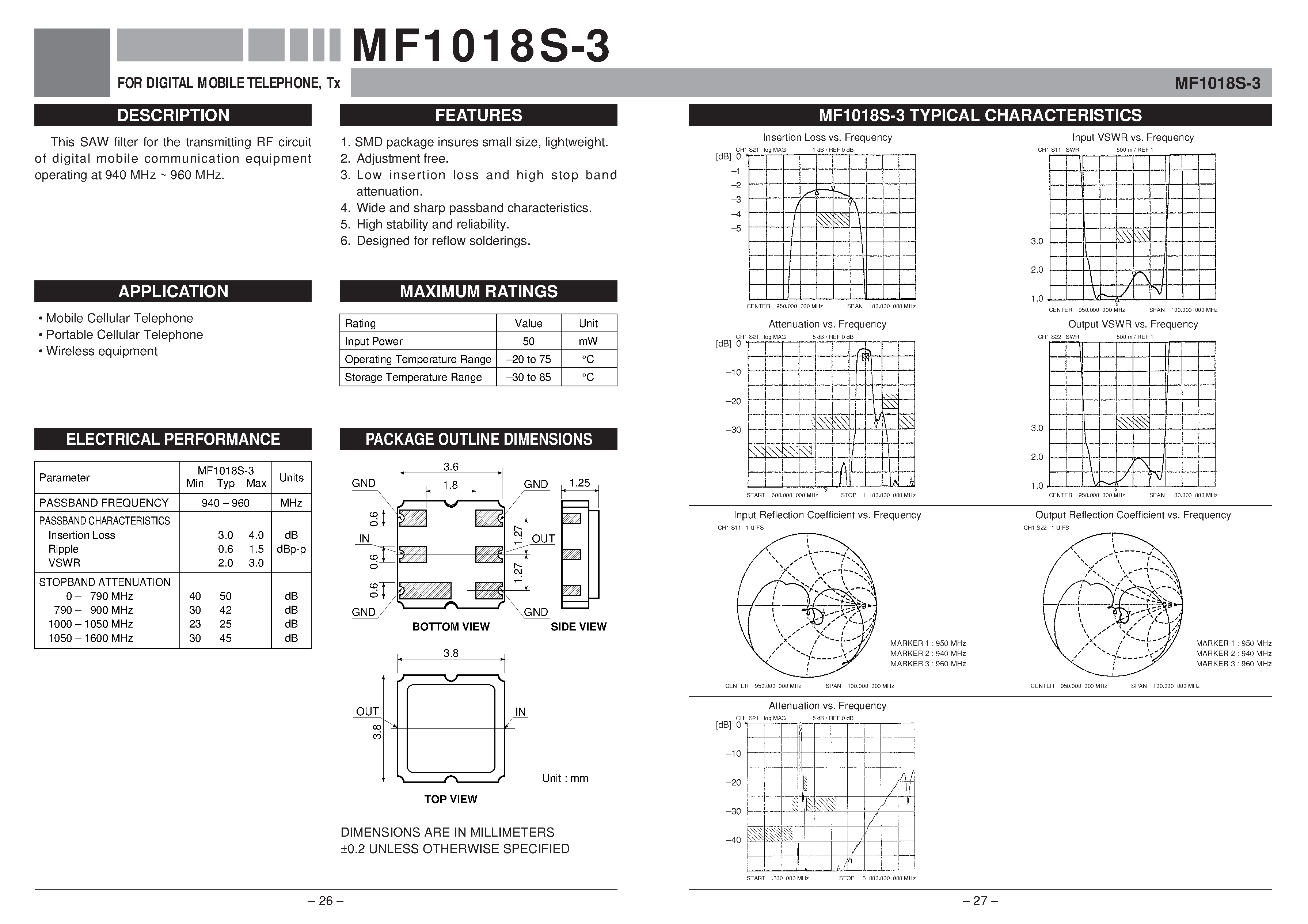 Datasheet MF1018S-3 page 1 Datasheet MF1018S-3 - FOR DIGITAL MOBILE TELEPHONE / Tx page 1