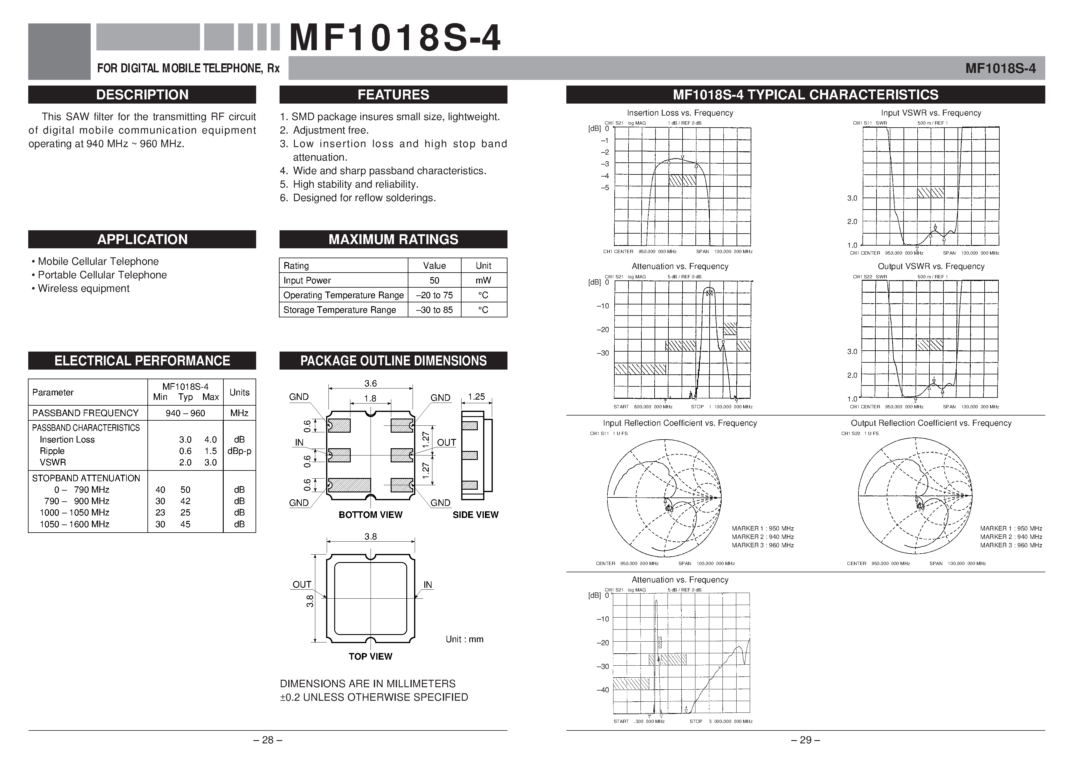 Datasheet MF1018S-4 - FOR DIGITAL MOBILE TELEPHONE / Rx page 1