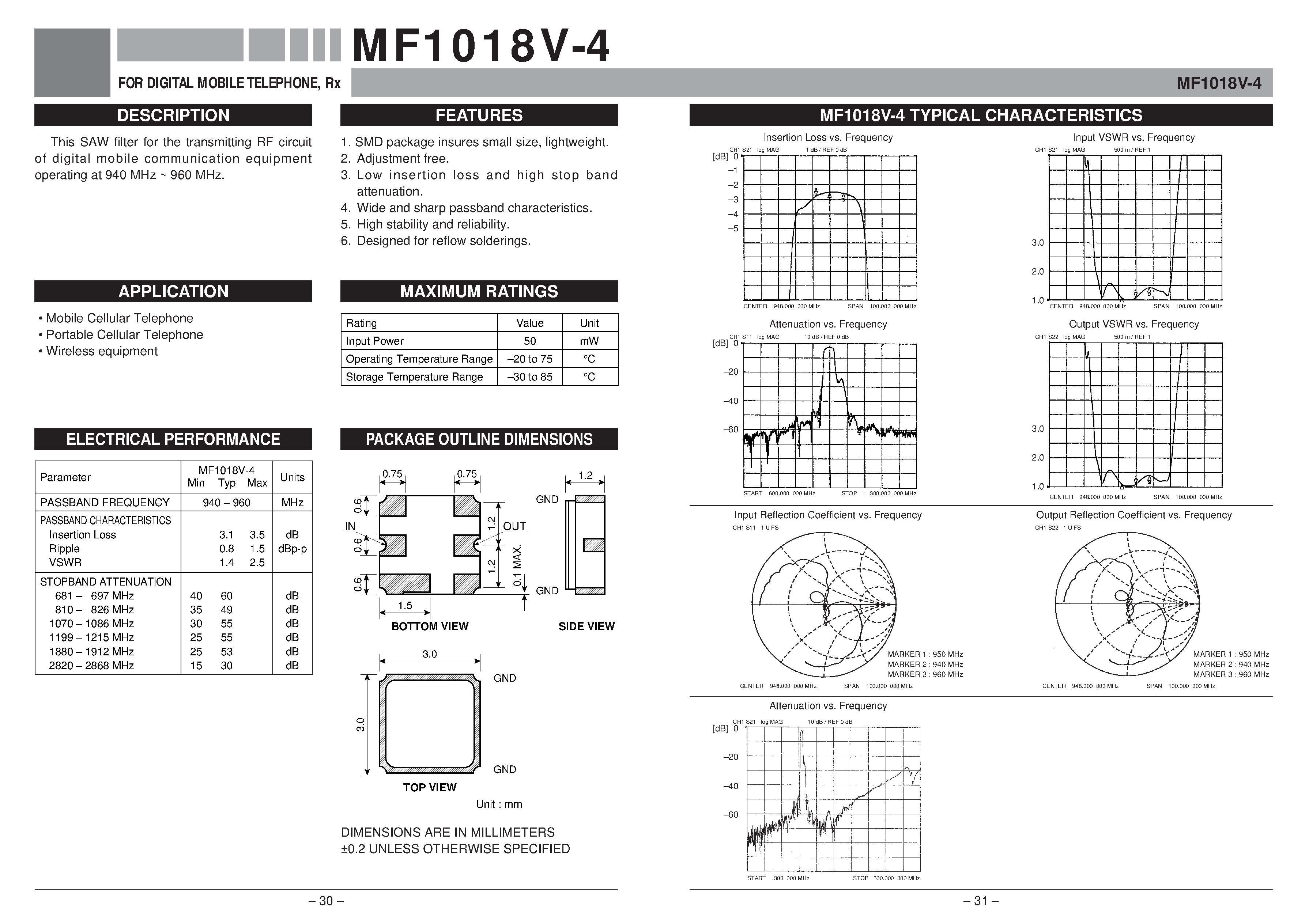Datasheet MF1018V-4 - FOR DIGITAL MOBILE TELEPHONE / Rx page 1