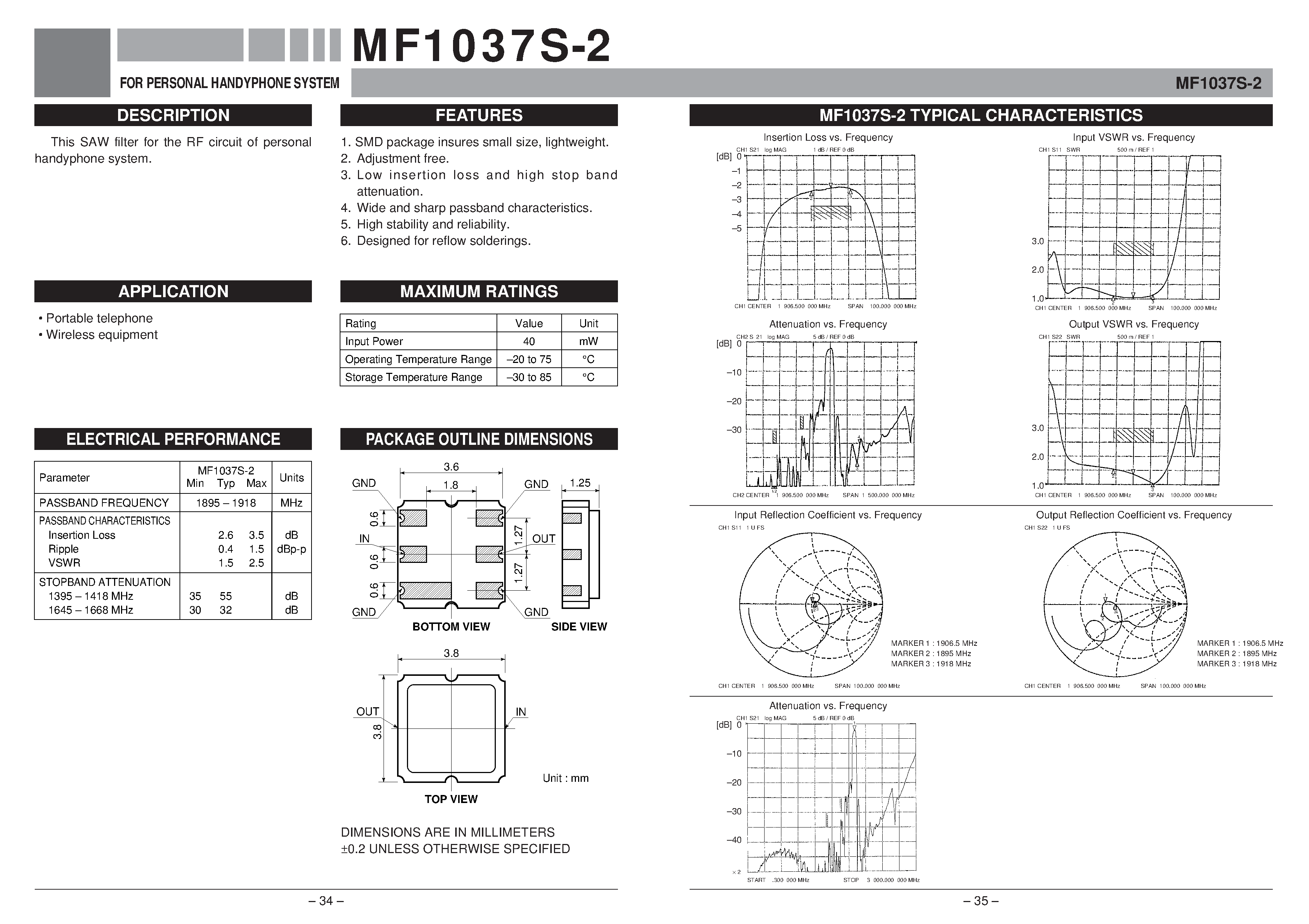 Datasheet MF1037S-2 - FOR PERSONAL HANDYPHONE SYSTEM page 1
