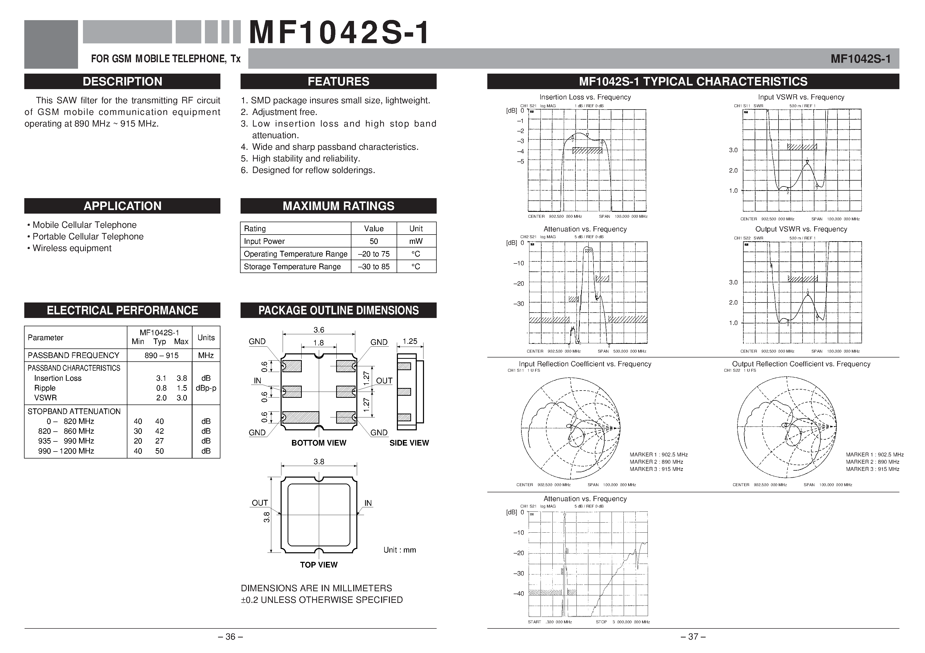 Даташит MF1042S-1 - FOR GSM MOBILE TELEPHONE / Tx страница 1