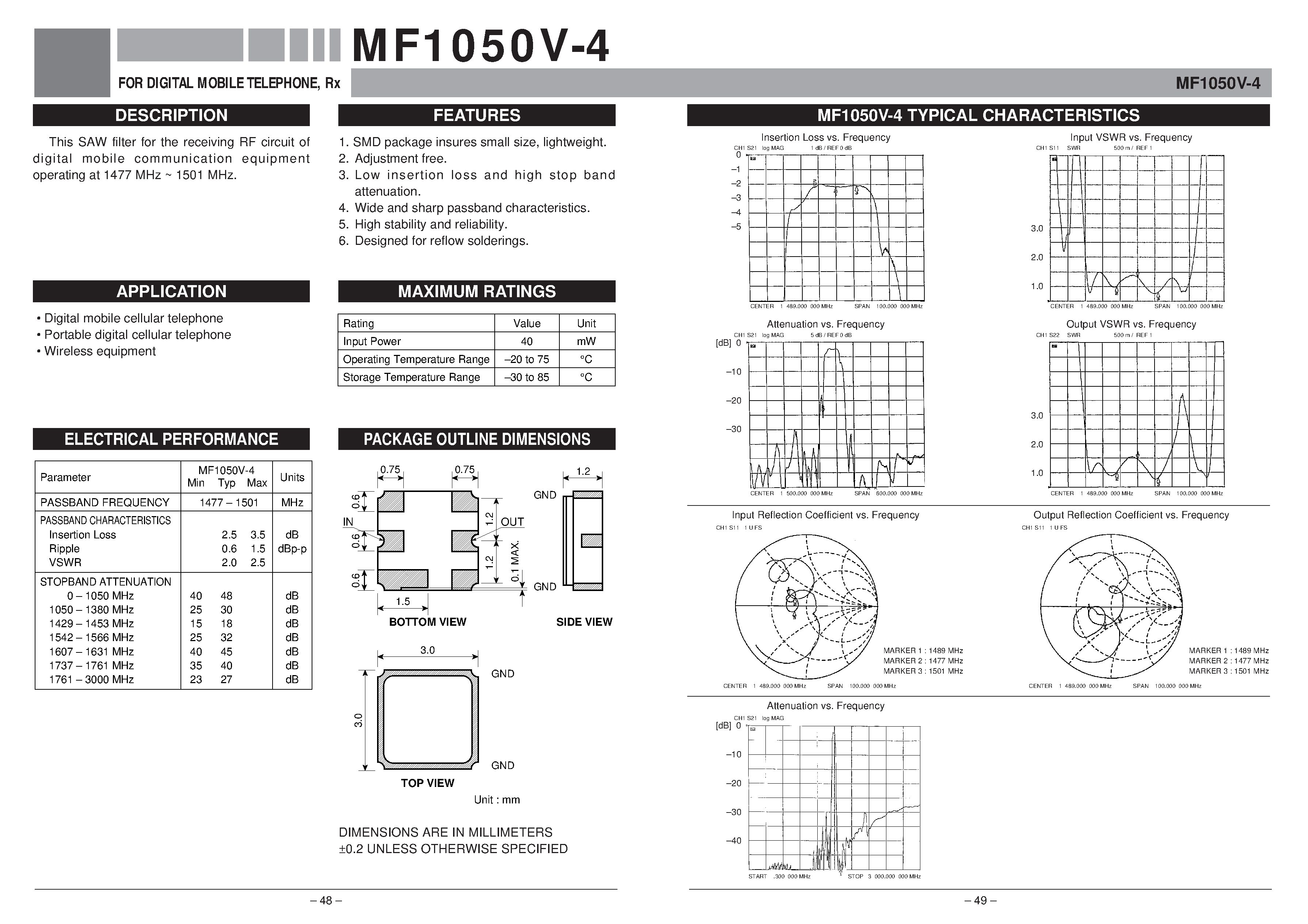 Datasheet MF1050V-4 - FOR DIGITAL MOBILE TELEPHONE / Rx page 1