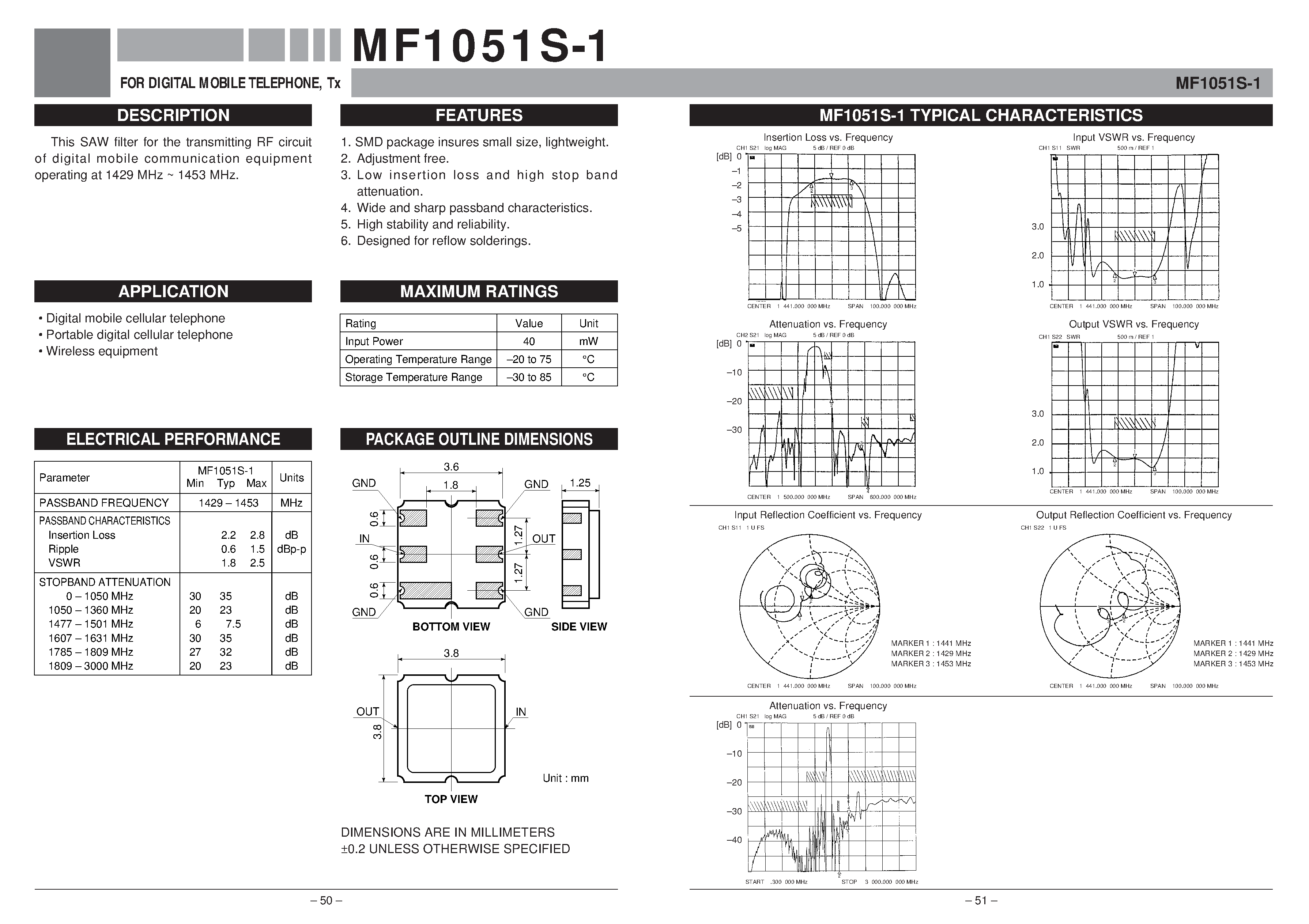 Даташит MF1051S-1 - FOR DIGITAL MOBILE TELEPHONE / Tx страница 1