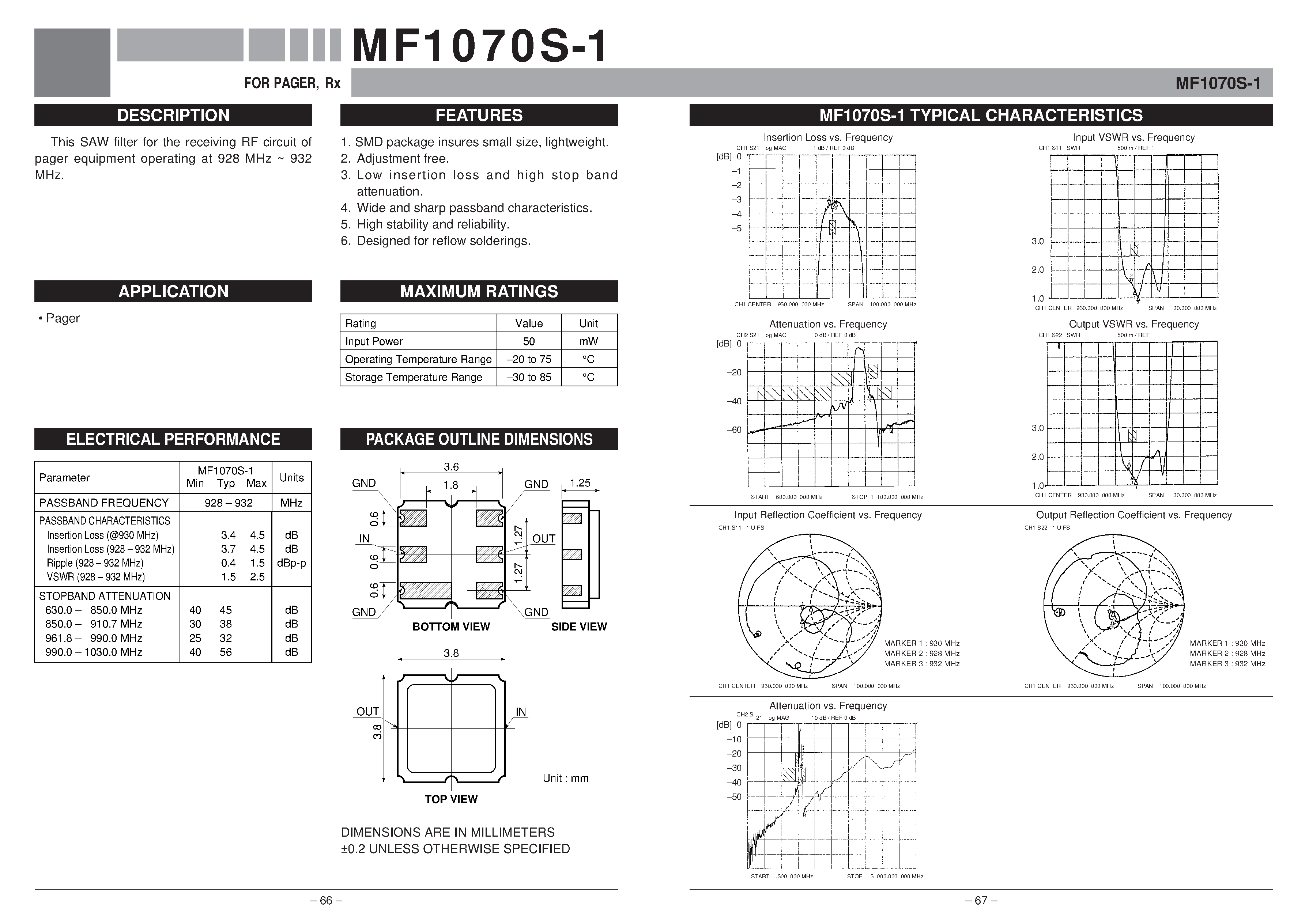 Даташит MF1070S-1 - FOR PAGER / Rx страница 1