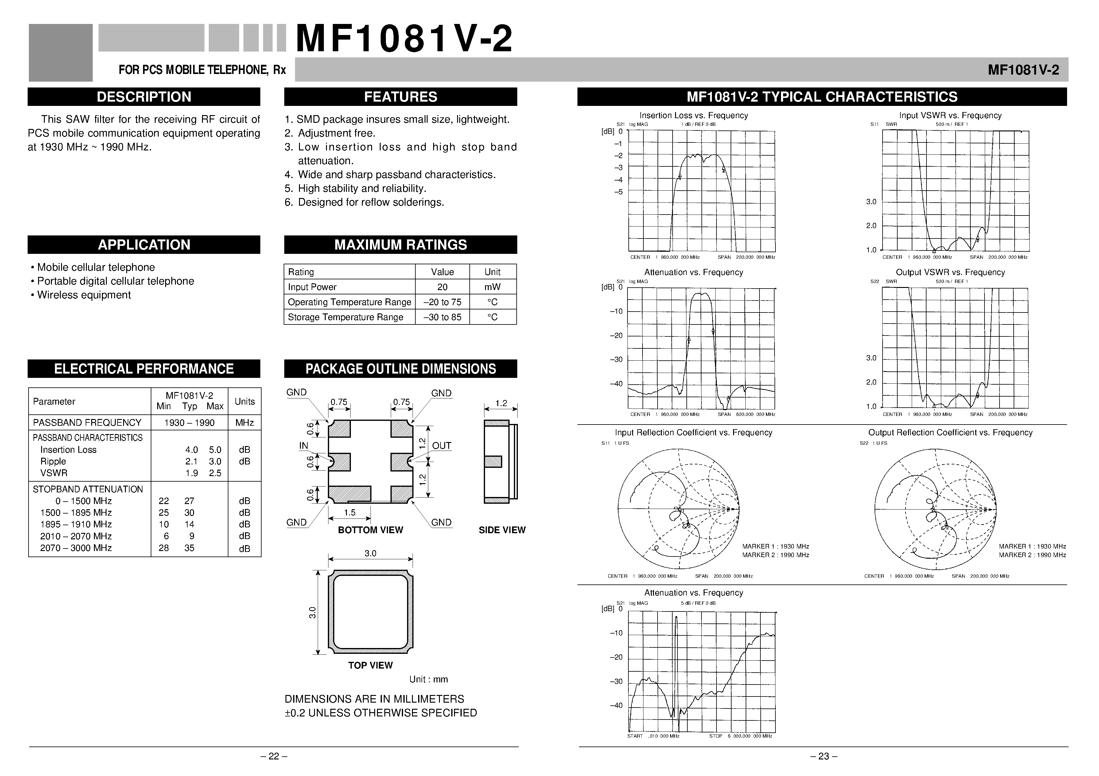 Datasheet MF1081V-2 - FOR PCS MOBILE TELEPHONE / Rx page 1