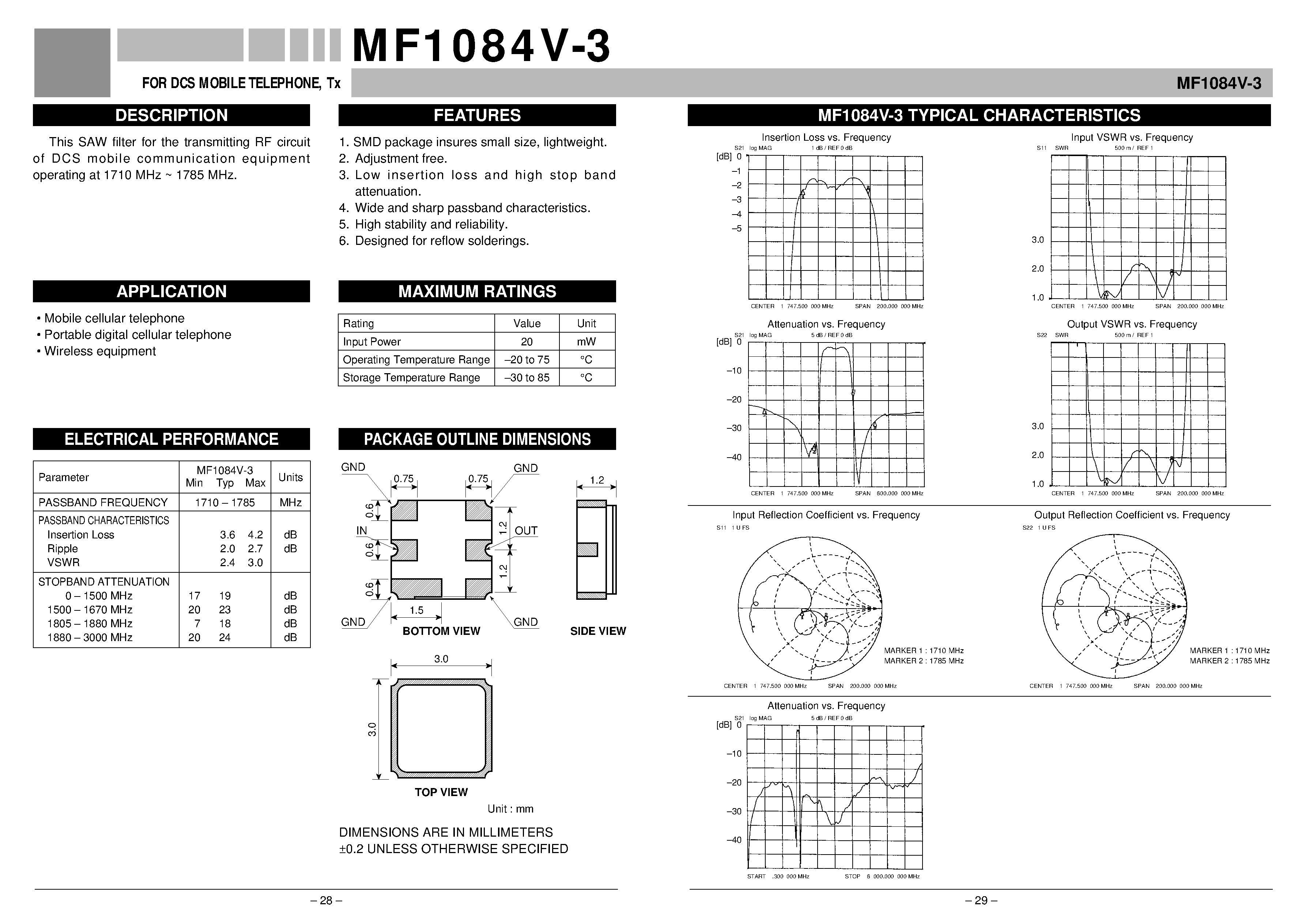 Datasheet MF1084V-3 page 1 Datasheet MF1084V-3 - FOR DCS MOBFOR TELEPHONE / Tx page 1