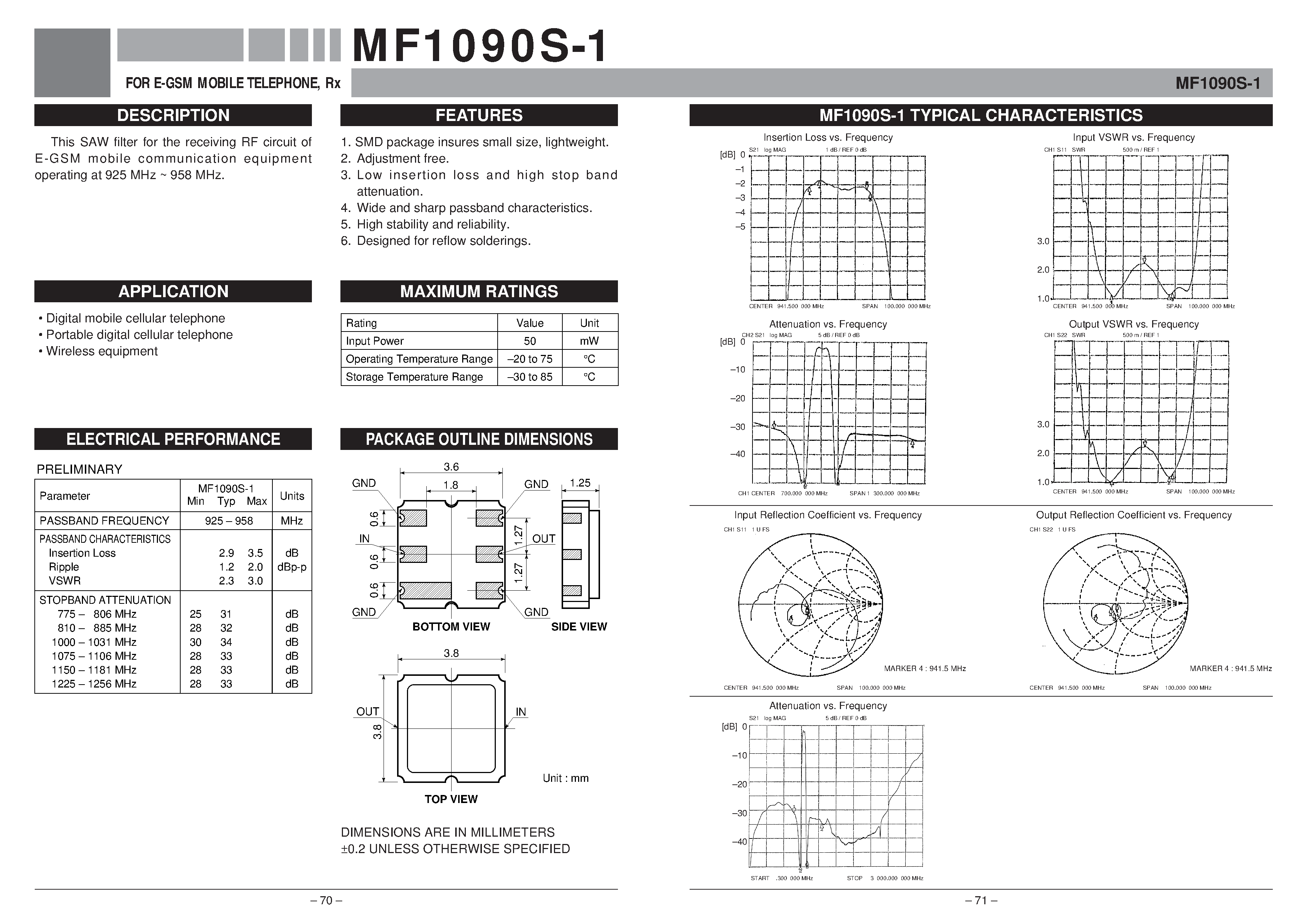 Datasheet MF1090S-1 - FOR E-GSM MOBILE TELEPHONE / Rx page 1