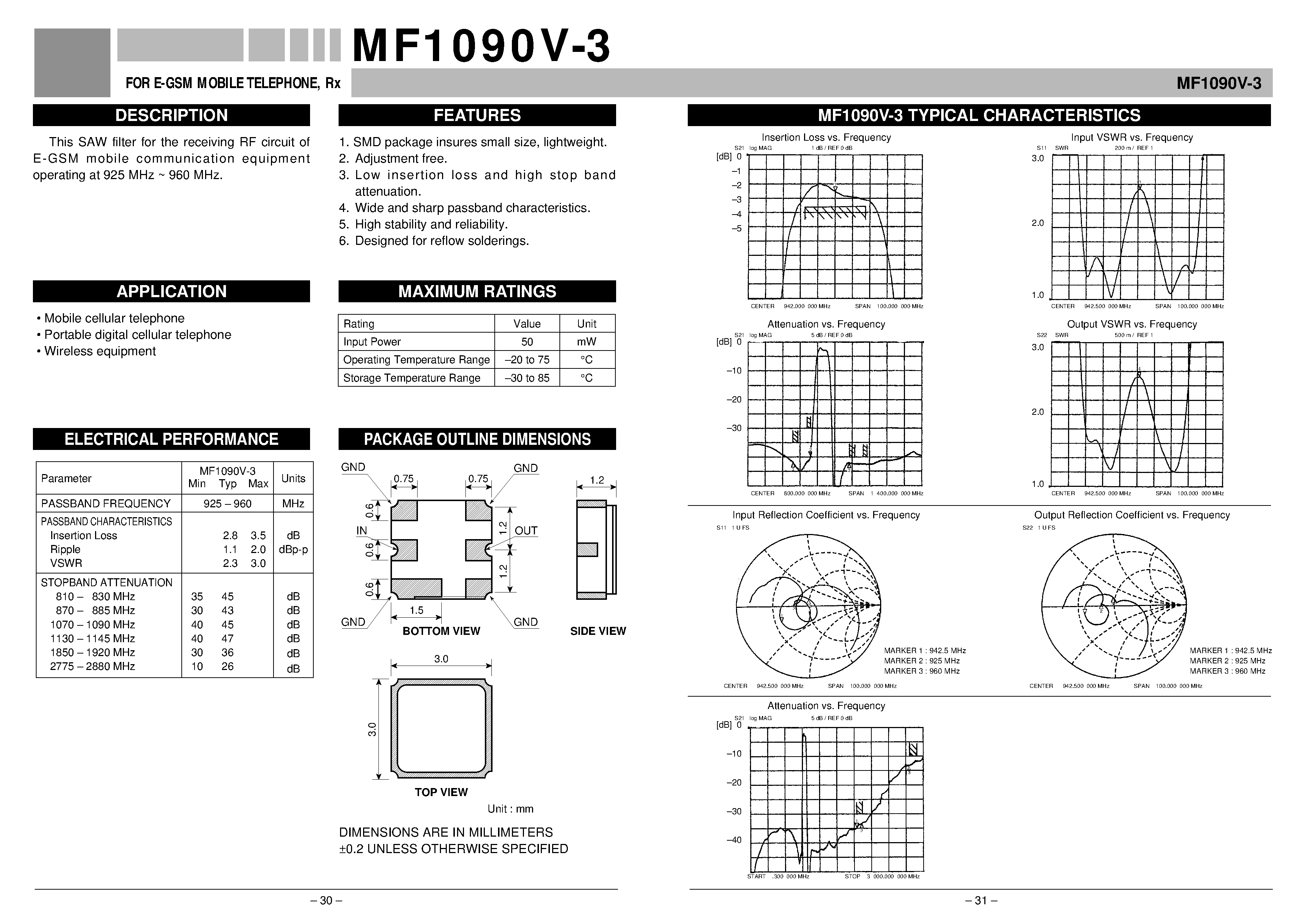 Datasheet MF1090V-3 - FOR E-GSM MOBILE TELEPHONE / Rx page 1
