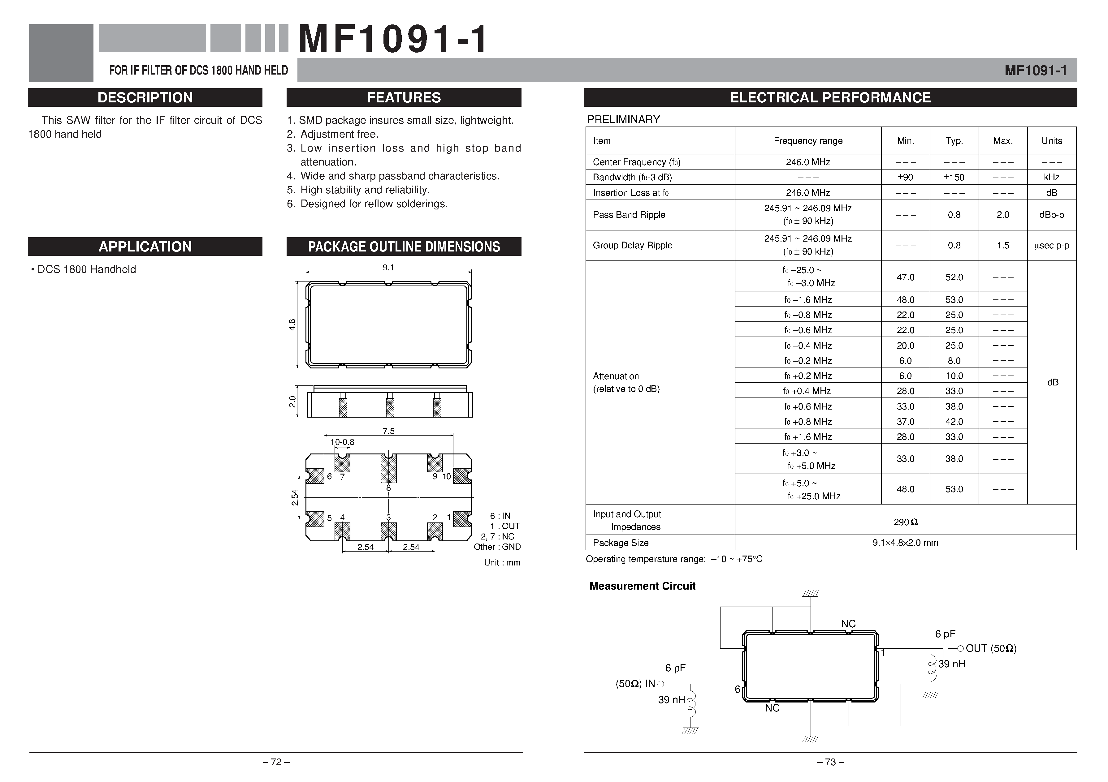 Даташит MF1091-1 - FOR IF FILTER OF DCS 1800 HAND HELD страница 1