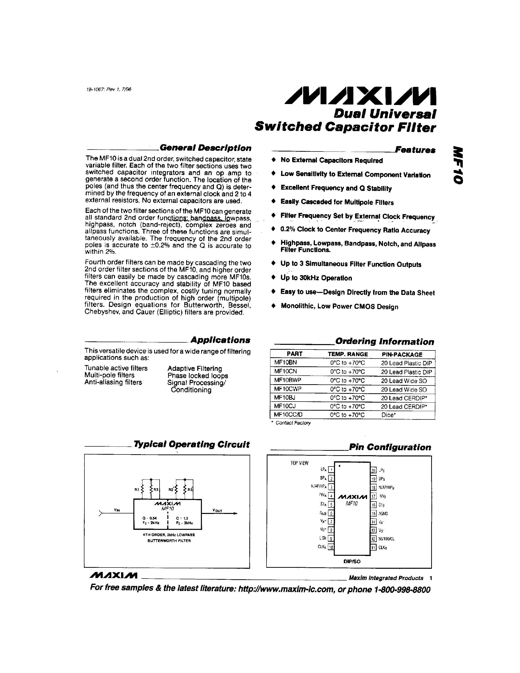 Datasheet MF10BN - Kual Universal Switched Capacitor Filter page 1