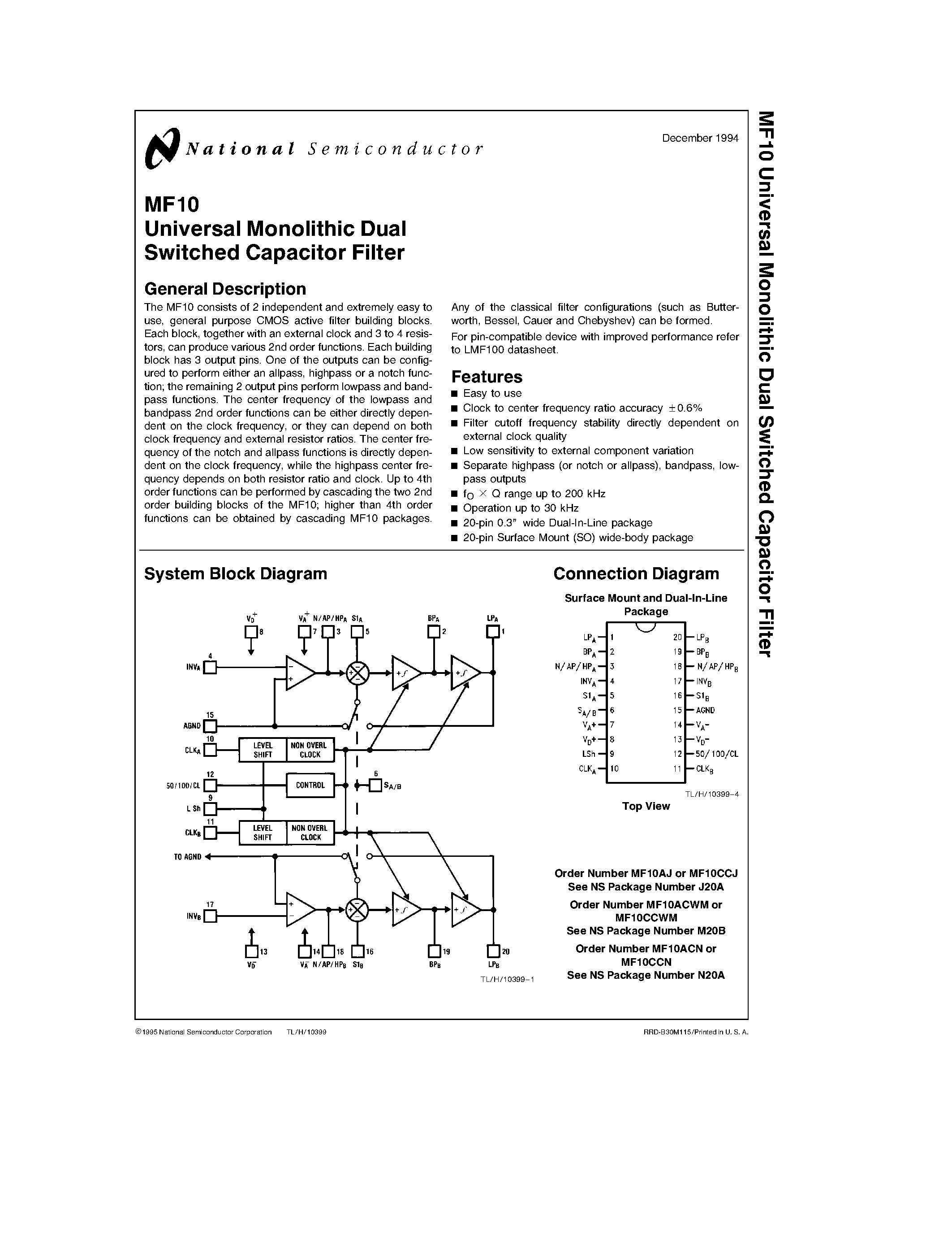 Datasheet MF10CCN - Universal Monolithic Dual Switched Capacitor Filter page 1