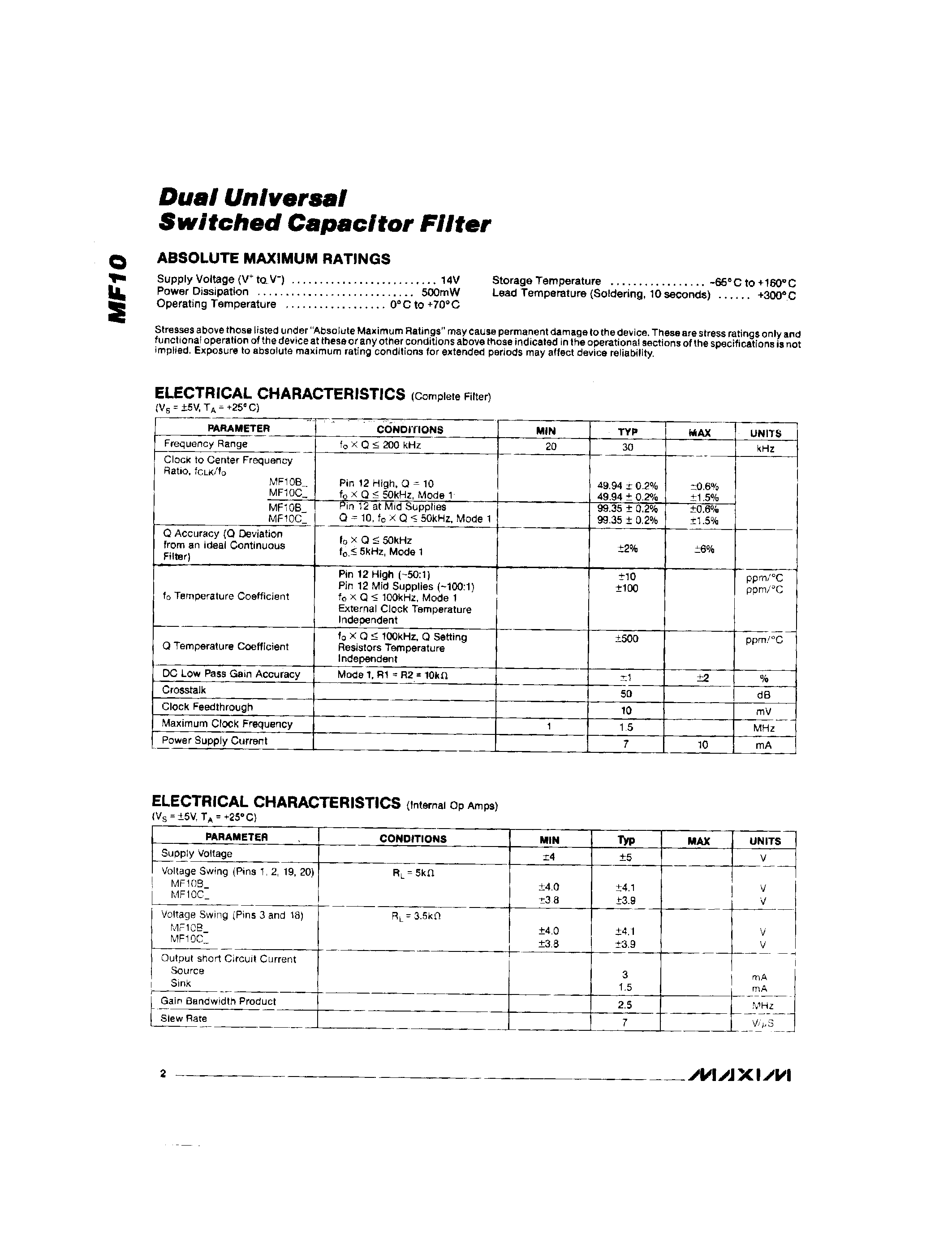 Datasheet MF10CWP - Kual Universal Switched Capacitor Filter page 2