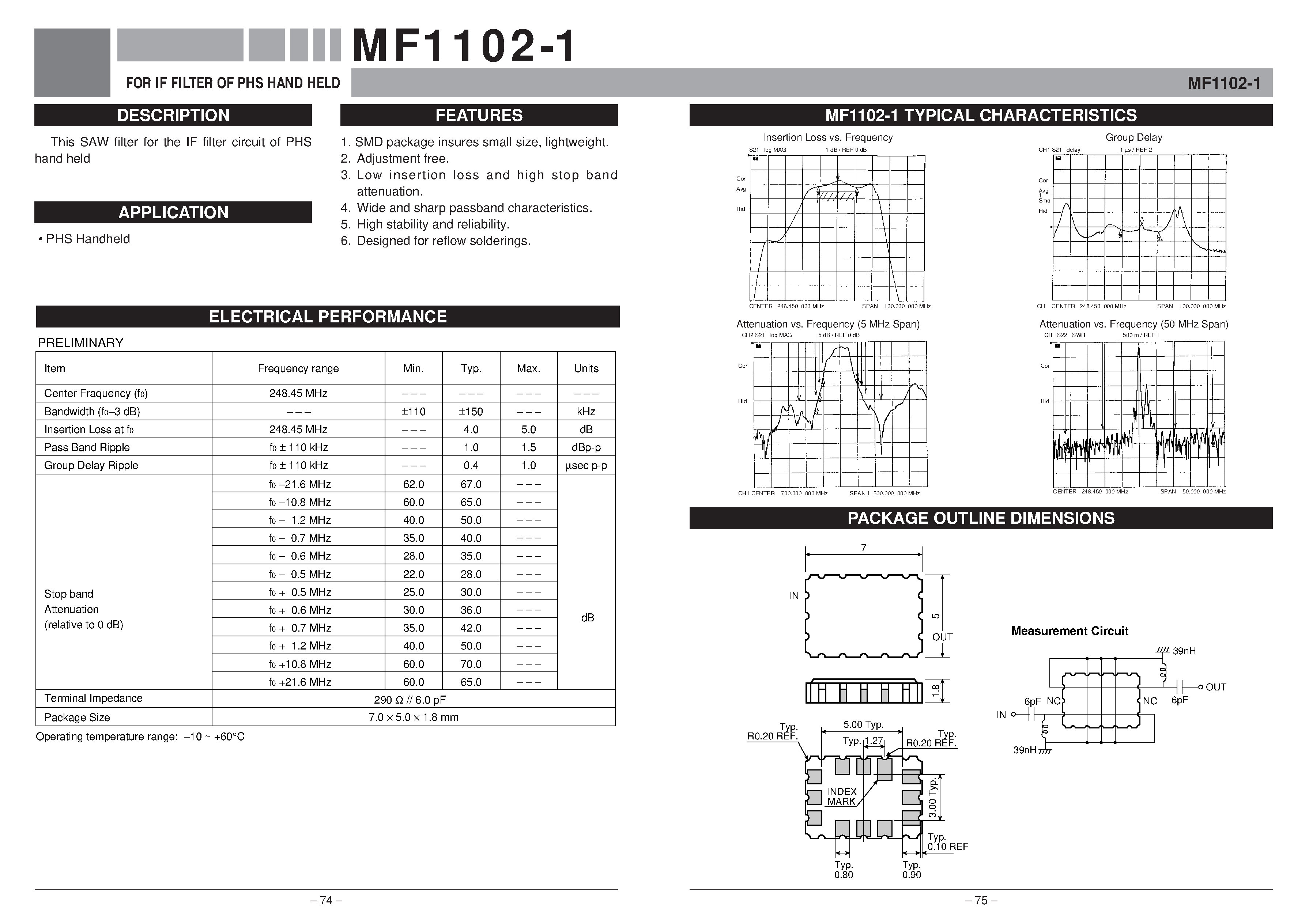 Даташит MF1102-1 - FOR IF FILTER OF PHS HAND HELD страница 1