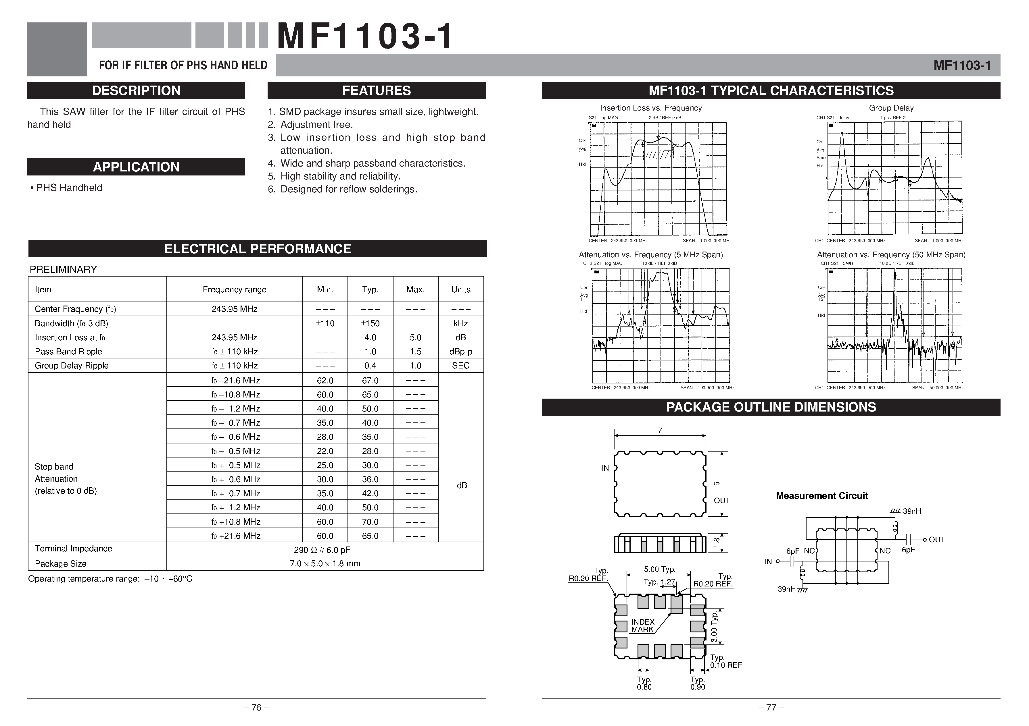 Даташит MF1103-1 - FOR IF FILTER OF PHS HAND HELD страница 1