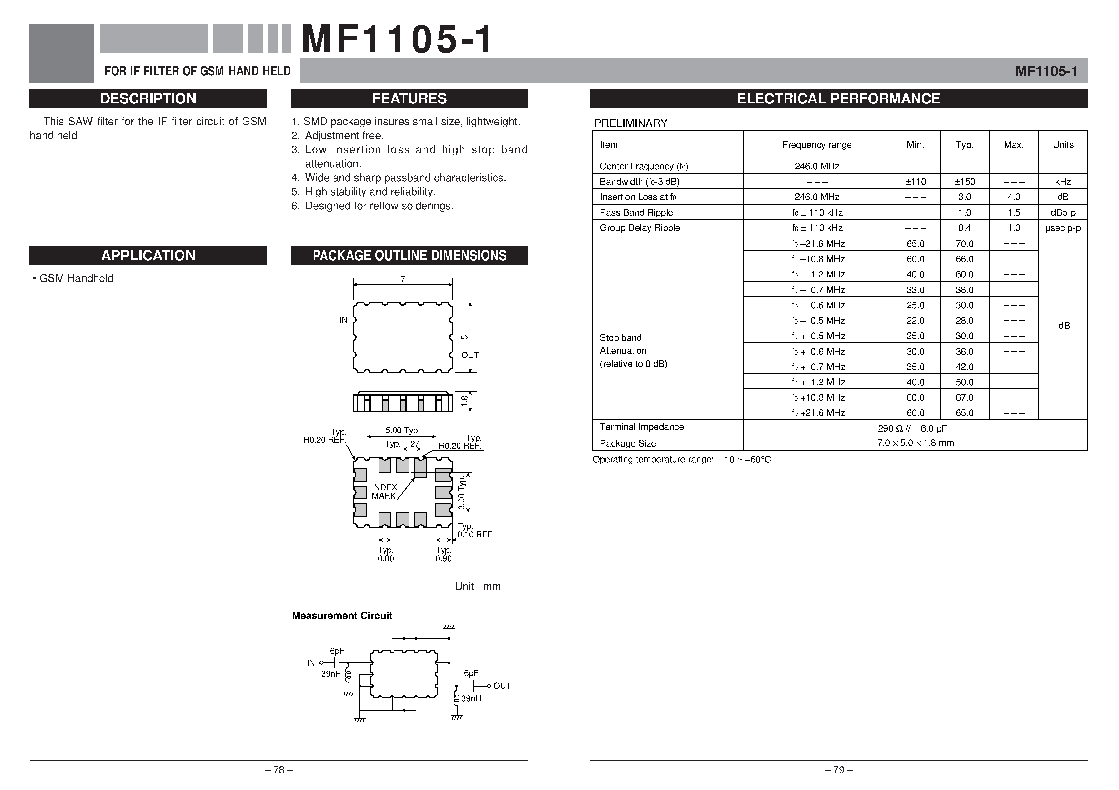 Даташит MF1105-1 - FOR IF FILTER OF GSM HAND HELD страница 1