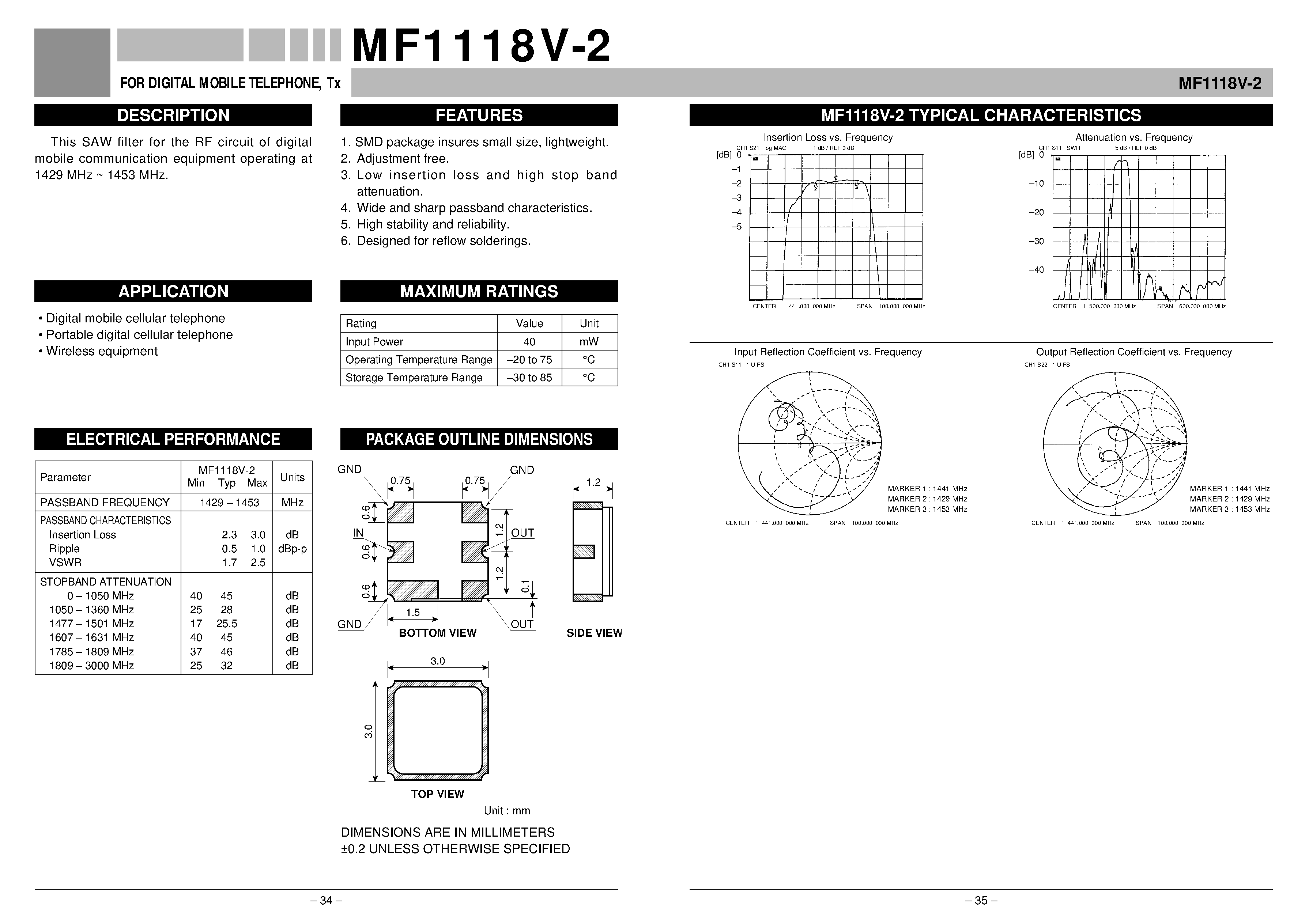 Datasheet MF1118V-2 - FOR DIGITAL MOBILE TELEPHONE / Tx page 1