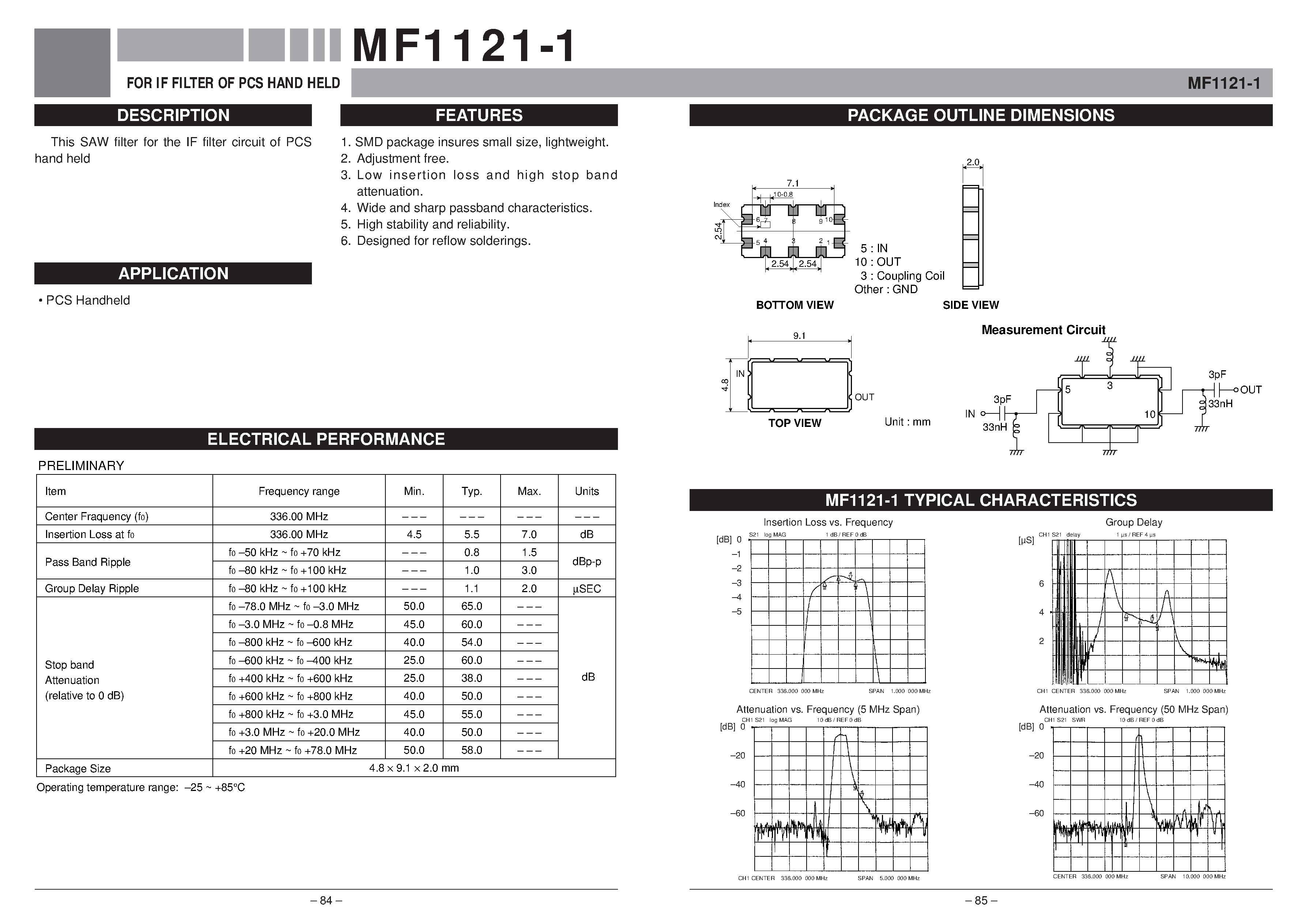 Даташит MF1121-1 - FOR IF FILTER OF PCS HAND HELD страница 1