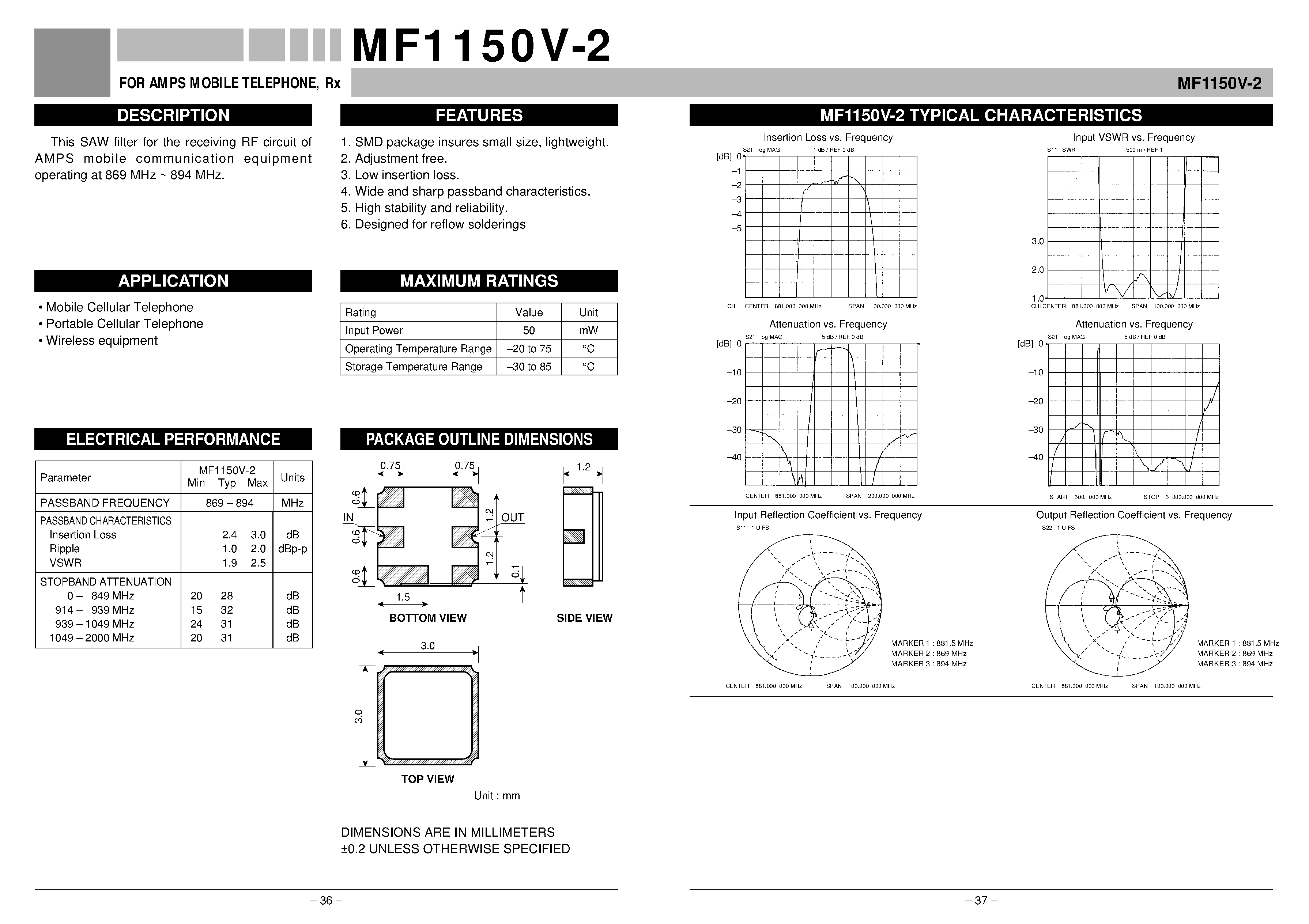 Datasheet MF1150V-2 - FOR AMPS MOBILE TELEPHONE / Rx page 1