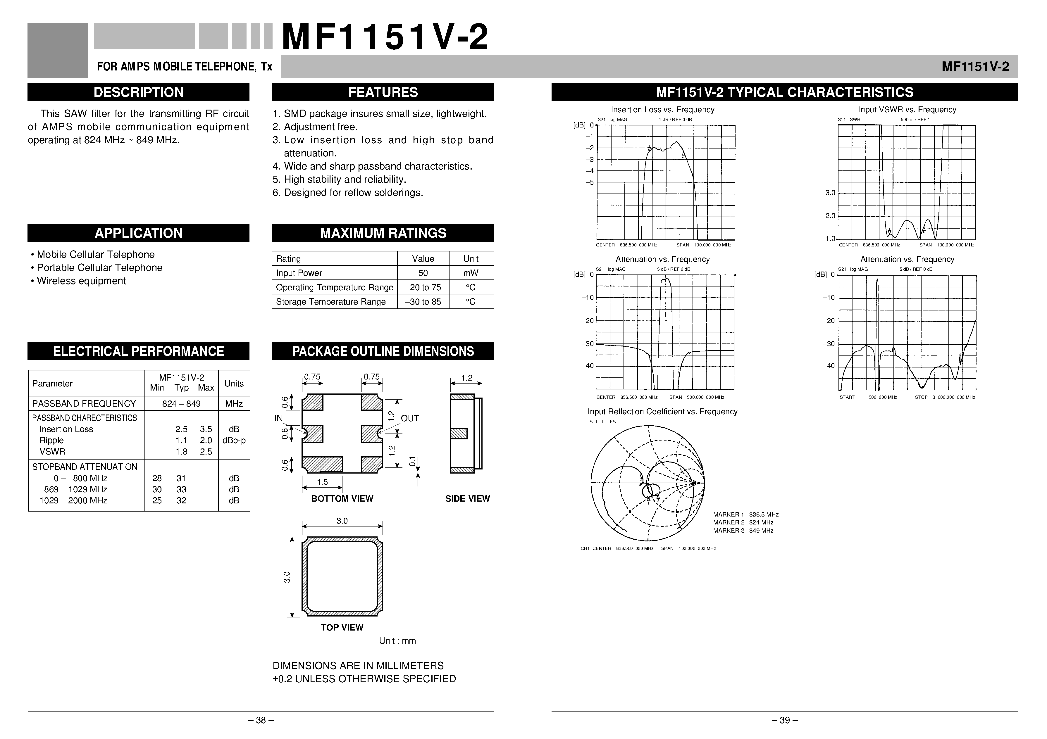 Datasheet MF1151V-2 - FOR AMPS MOBILE TELEPHONE / Tx page 1