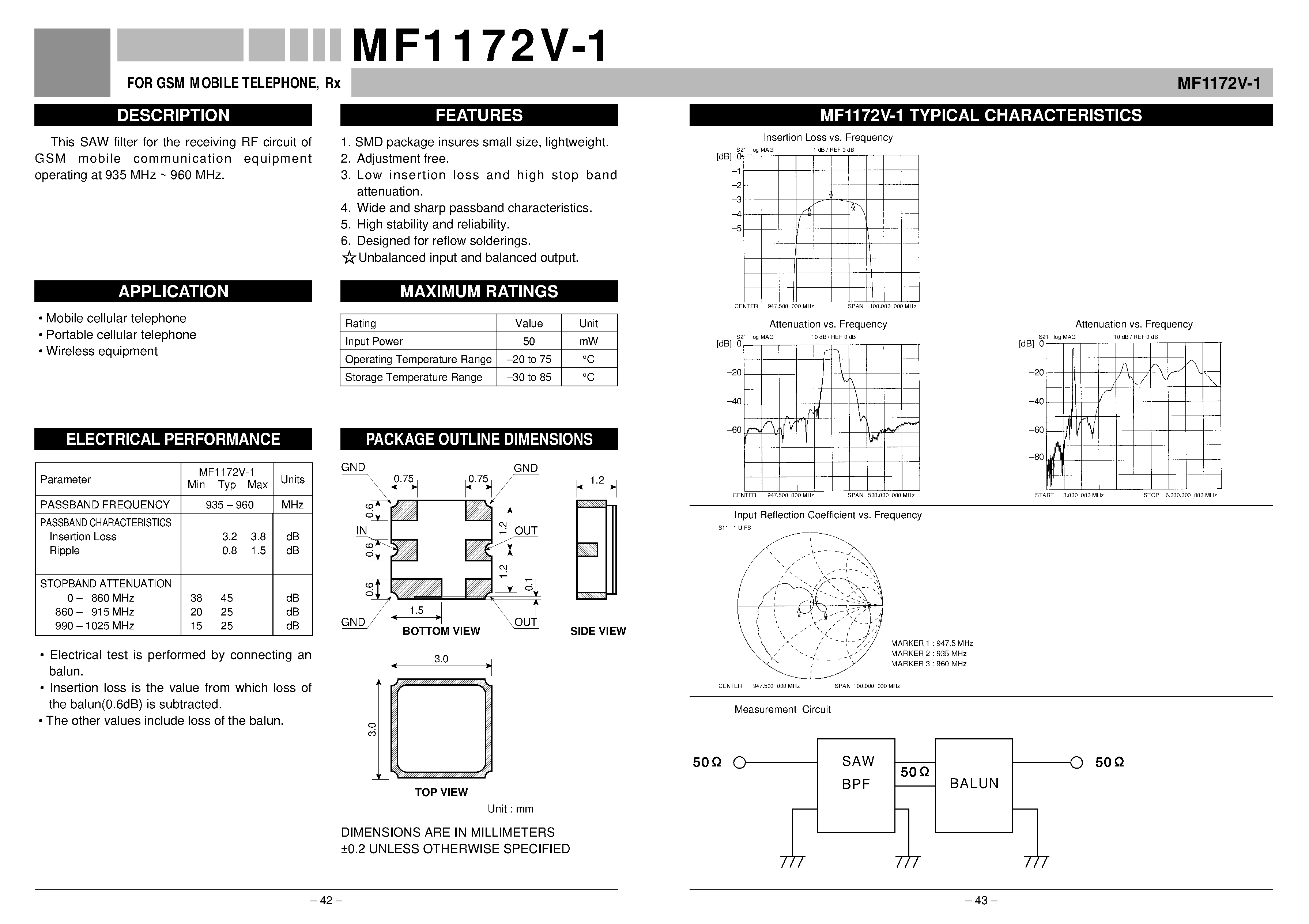 Даташит MF1172V-1 - FOR GSM MOBILE TELEPHONE / Rx страница 1